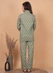 "Olive Bloom" Printed Viscose Night Suit