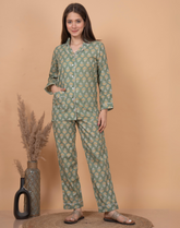 "Olive Bloom" Printed Viscose Night Suit