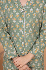 "Olive Bloom" Printed Viscose Night Suit