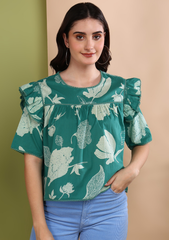 "Botanic Breeze" Pure Cotton Ruffle Top