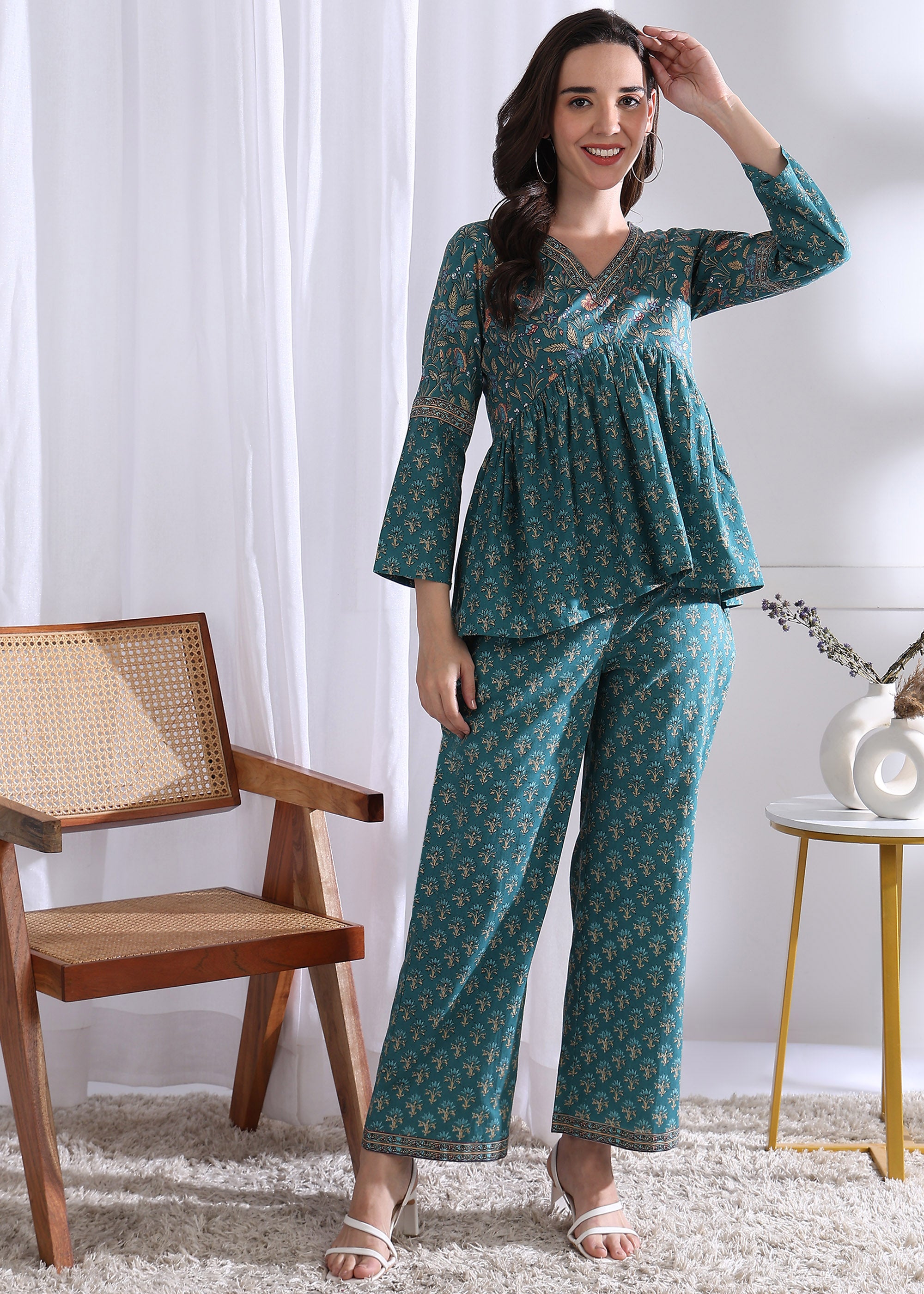 "Teal Blossom" Pure Cotton Co-ord Set