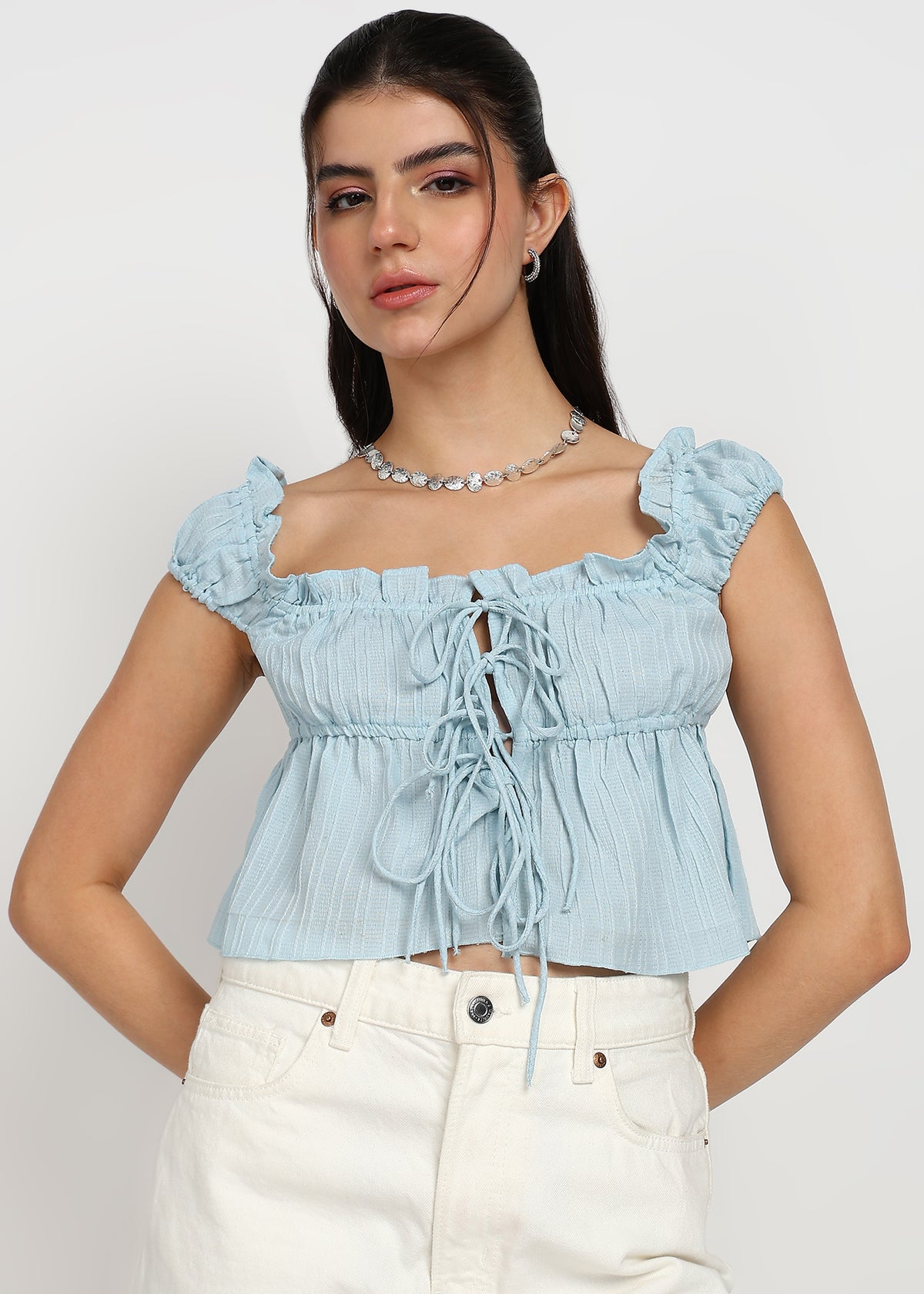 "Rosette Ruffle" Tie-Front Textured Crop Top – Sky Blue
