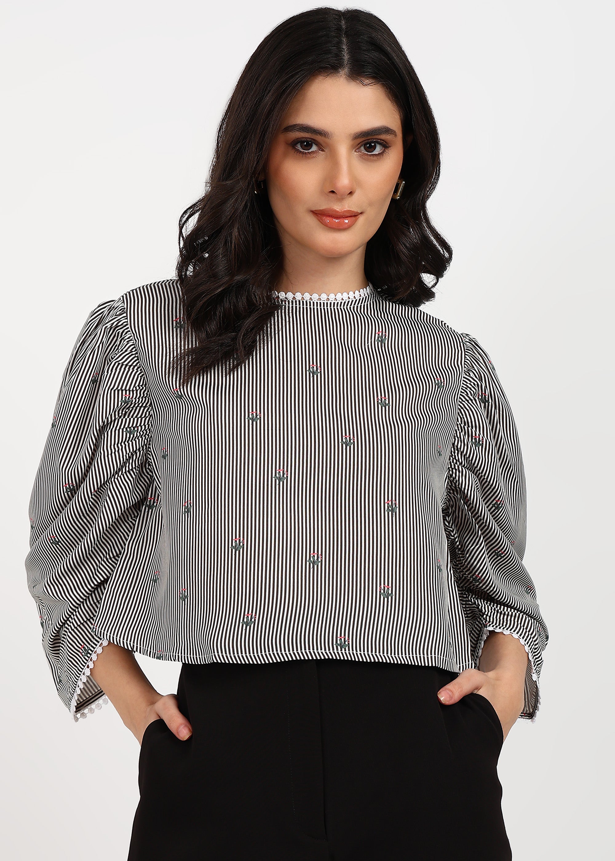 "Midnight Petals" Polyester Striped Top