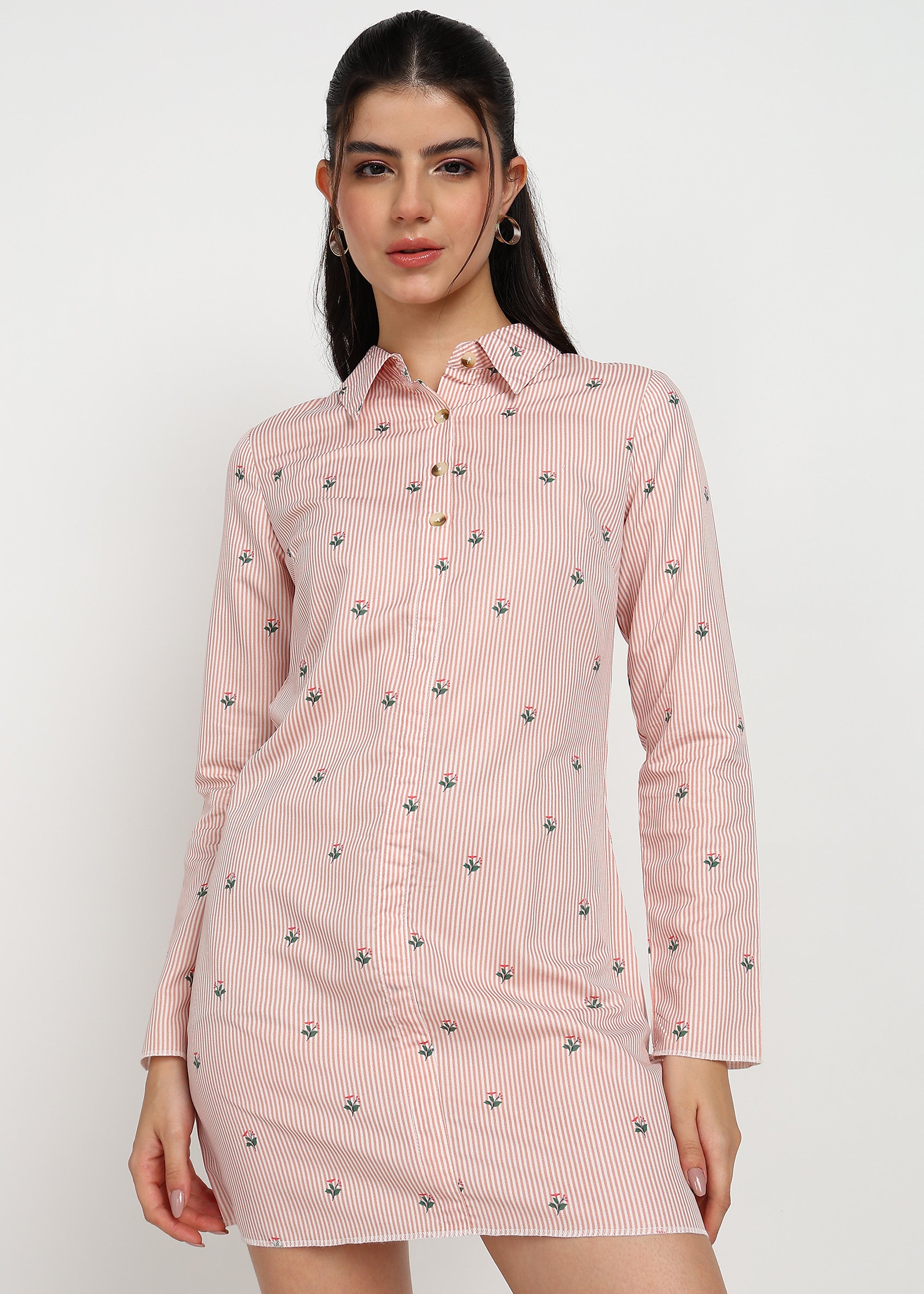 Women Peach Strip Shirt Dress