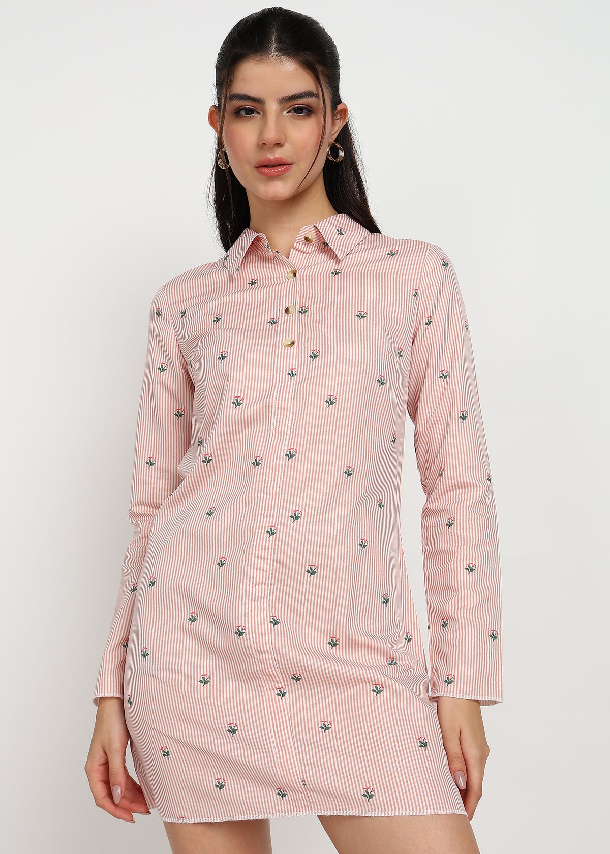 Women Peach Strip Shirt Dress