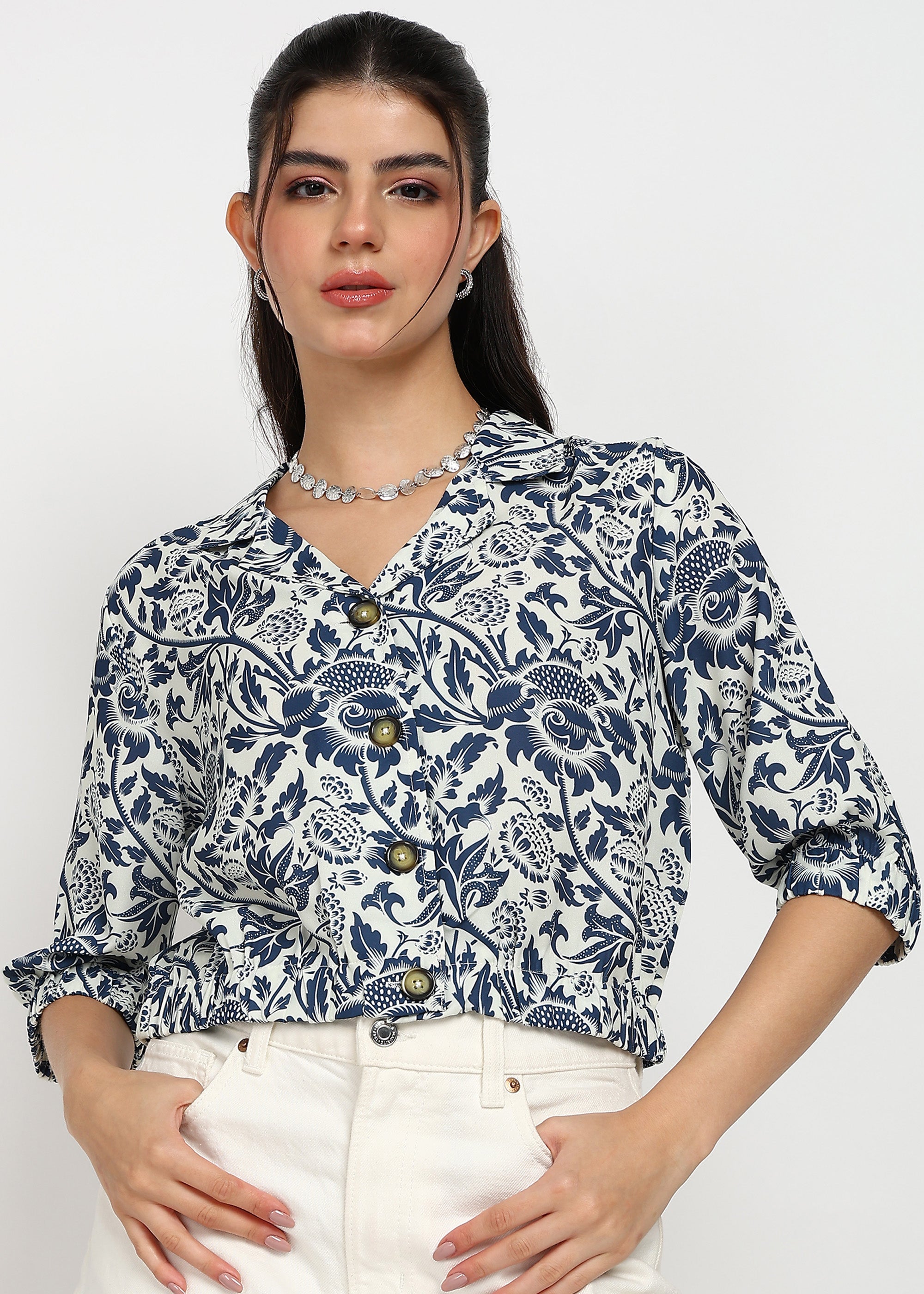 Women Navy Floral Printed Shirt