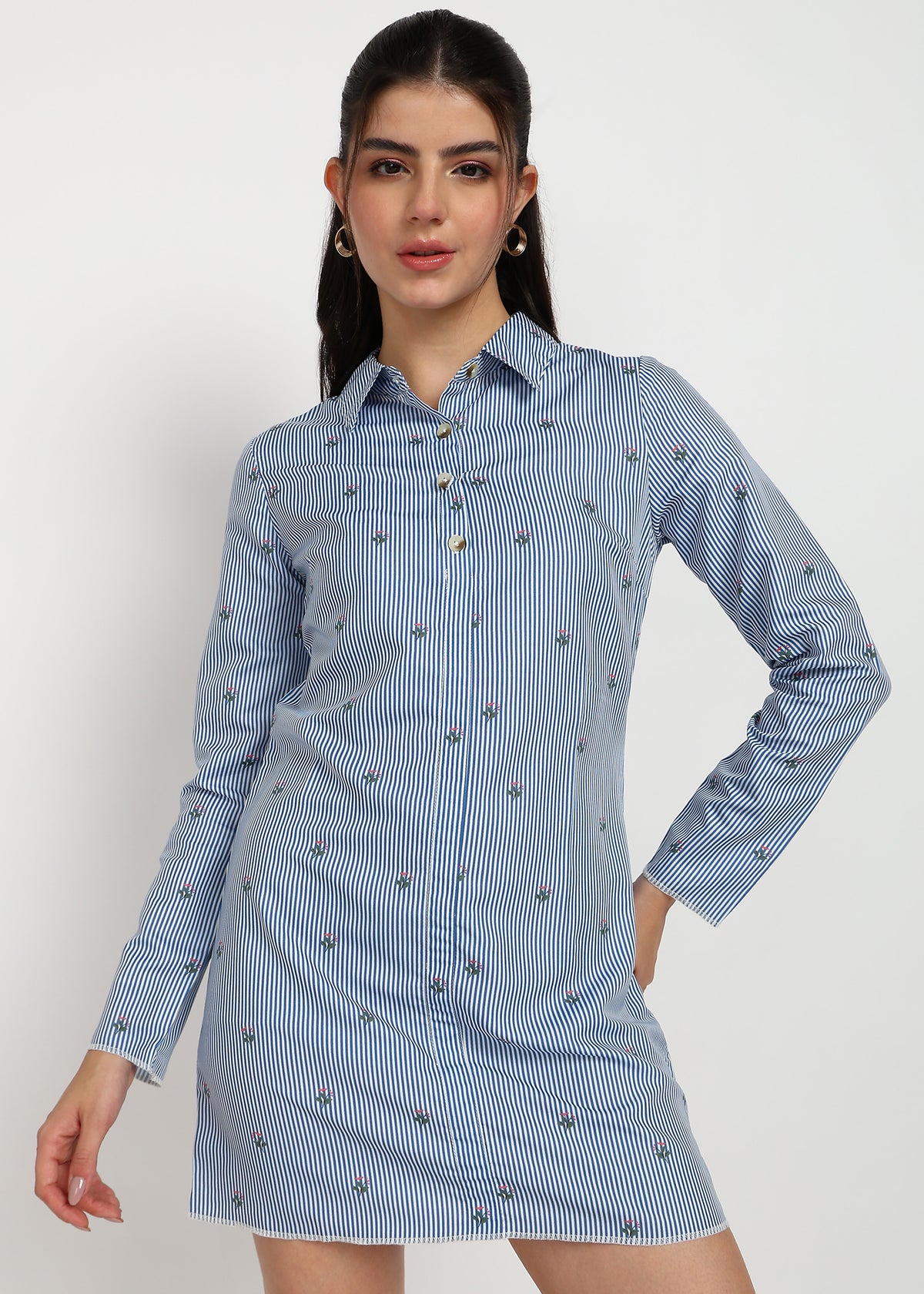 Women Blue Strip Shirt Dress