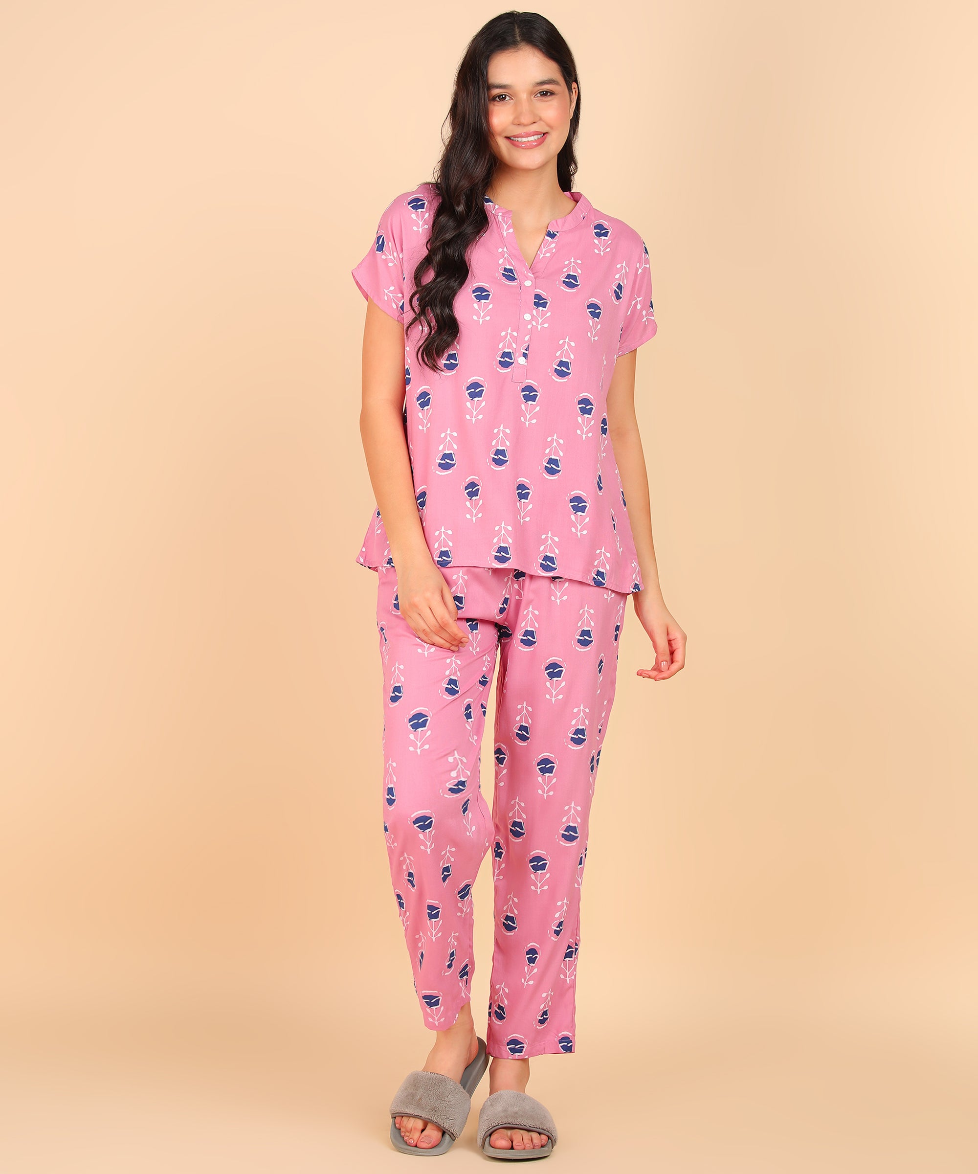 "Pink Pause" Viscose Printed Night Suit