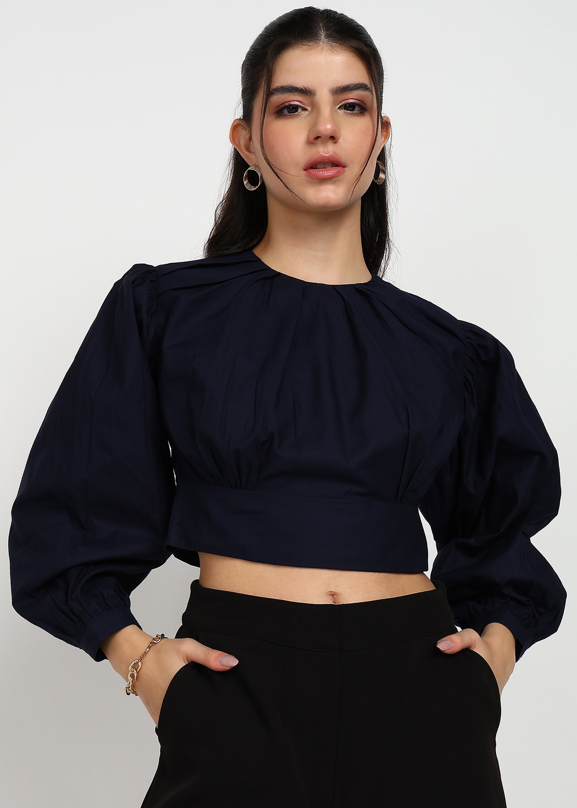 Women Navy Solid Crop Top