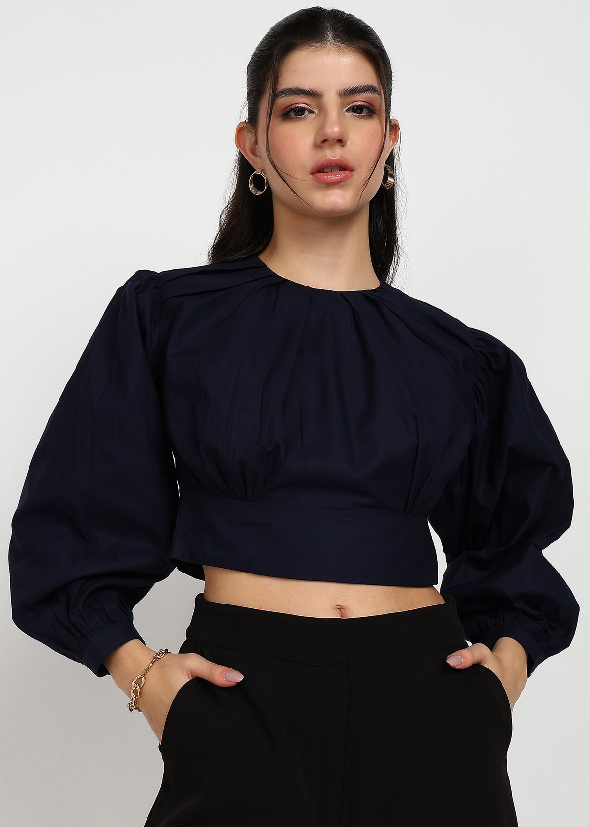 Women Navy Solid Crop Top