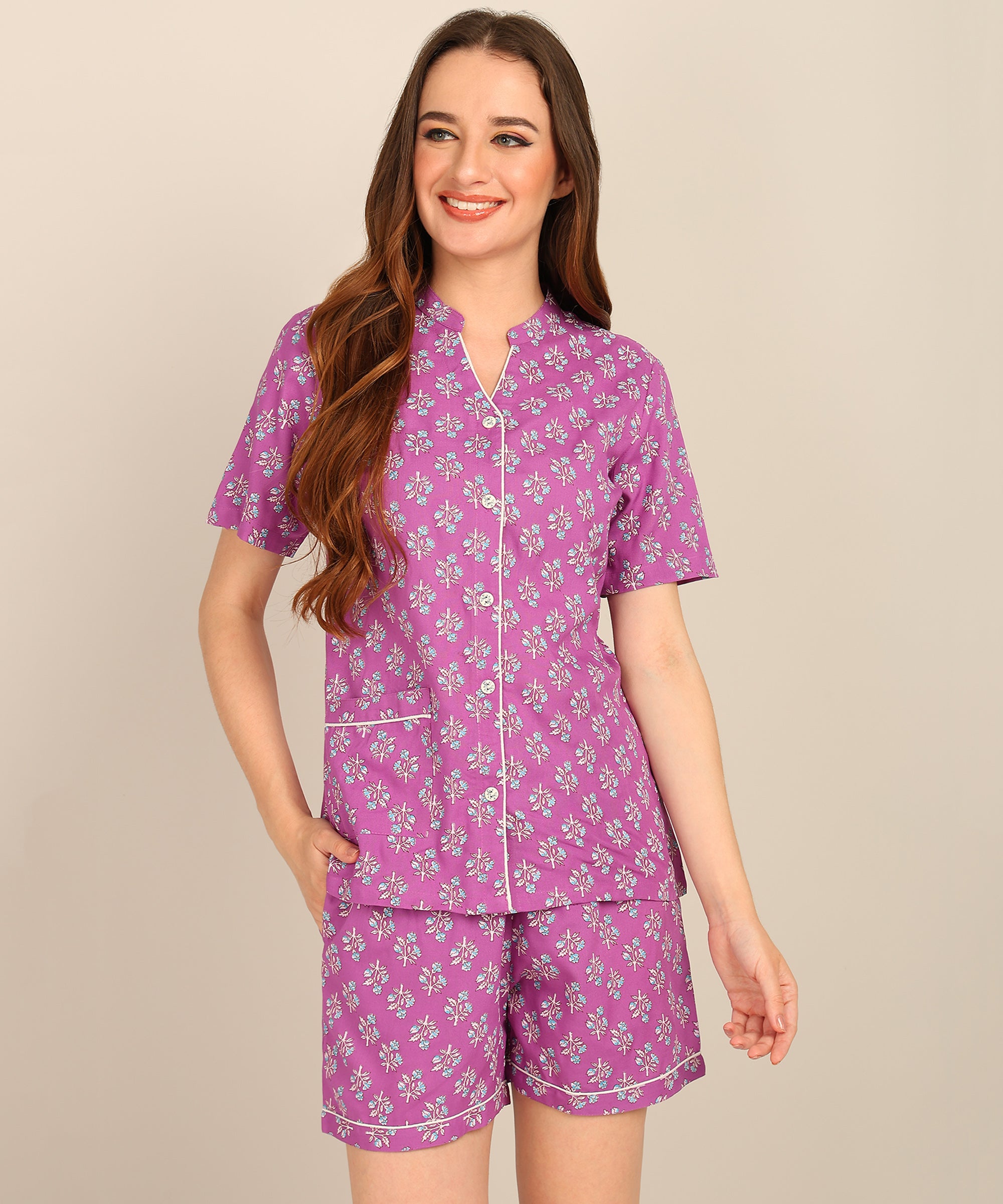 Half Sleeves Shirt & Short Set In Purple Color - Viscose