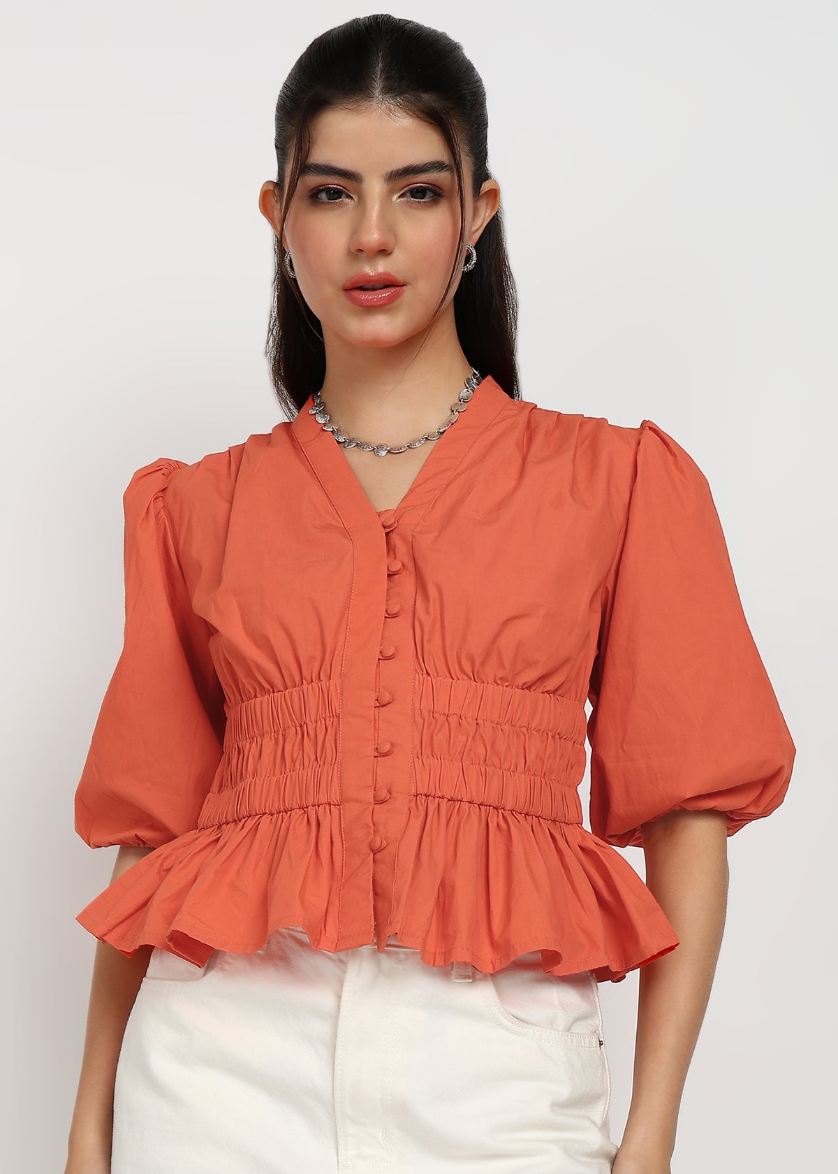Women Coral Solid Top