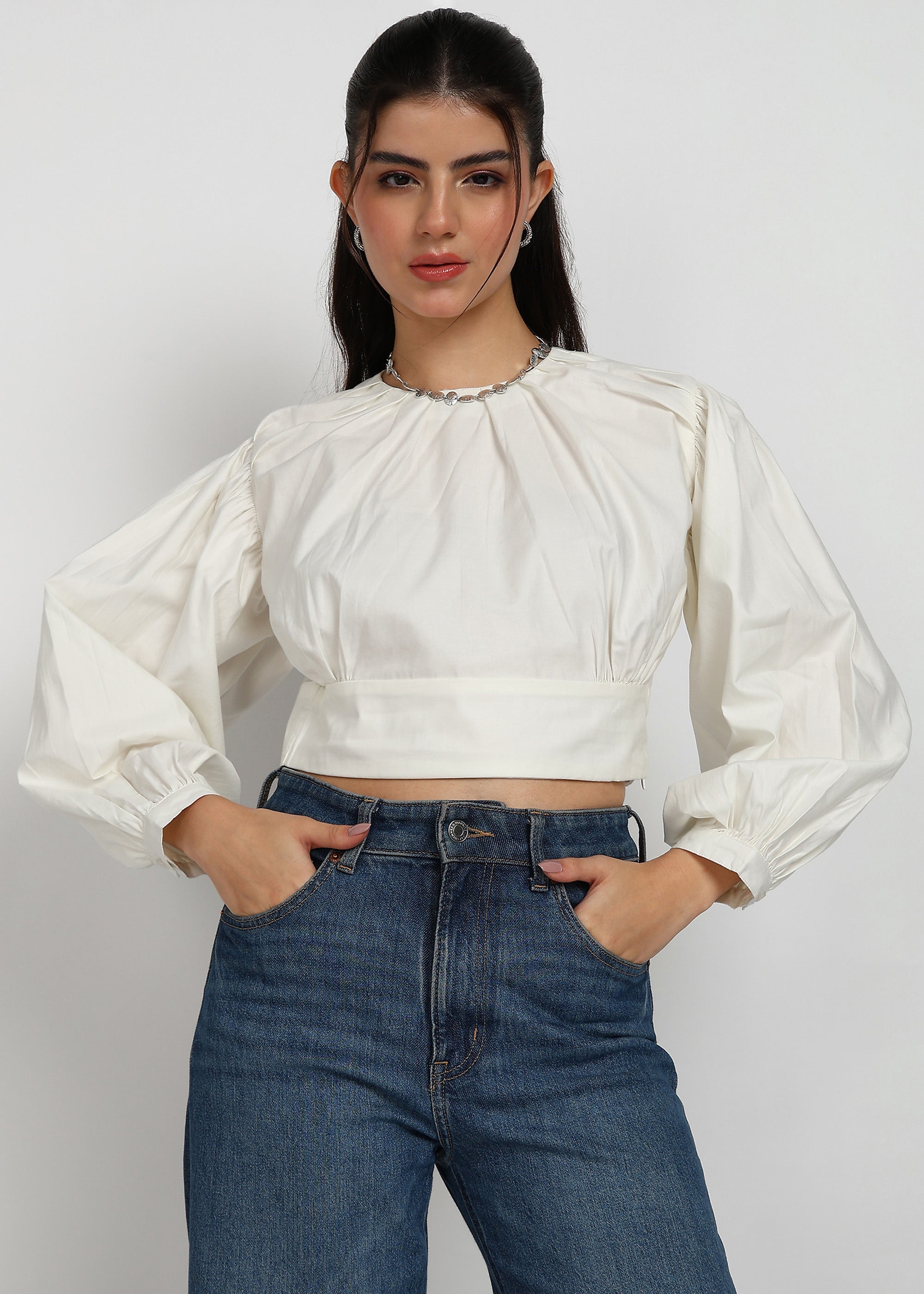 Women Off White Solid Crop Top