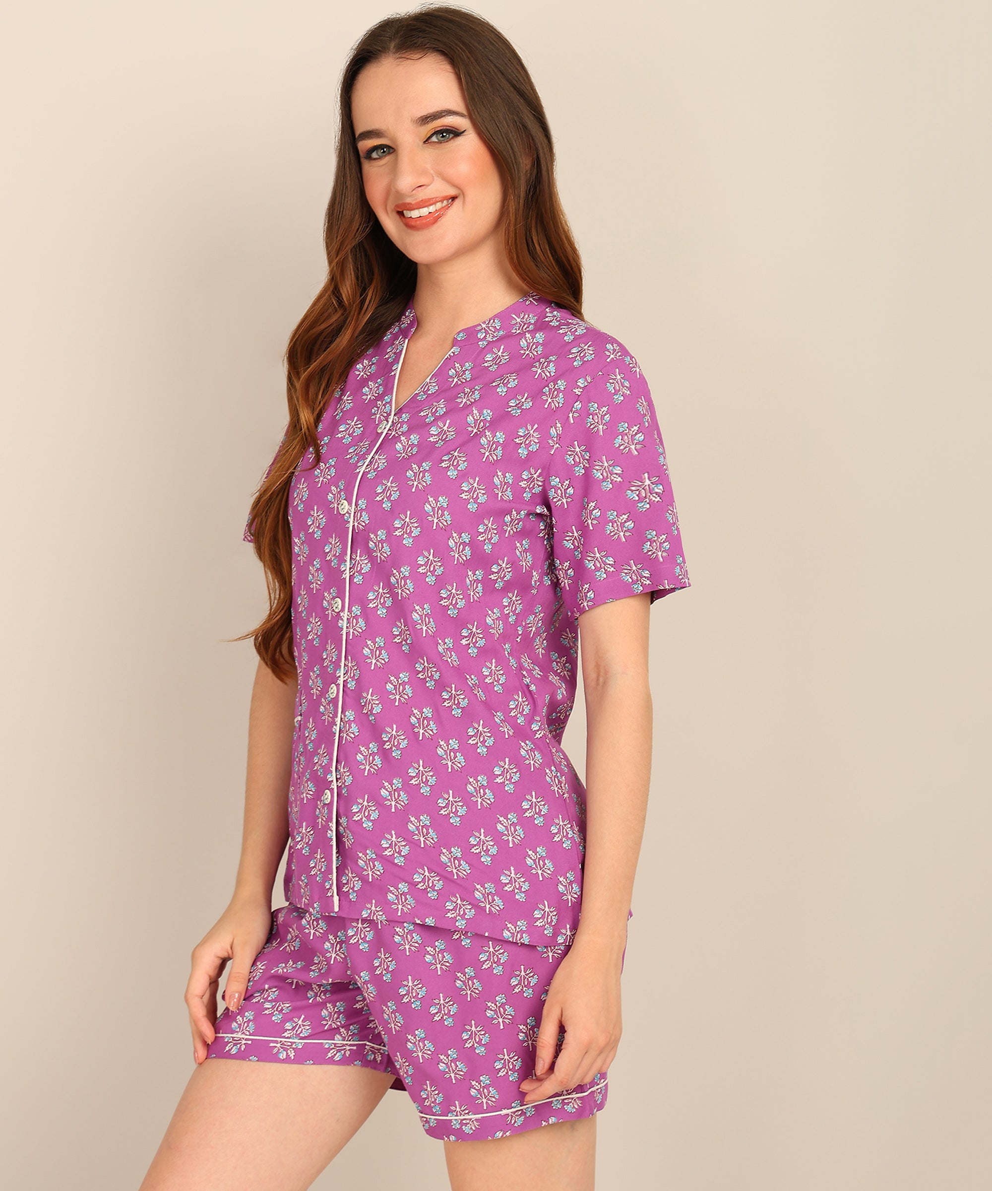 Half Sleeves Shirt & Short Set In Purple Color - Viscose