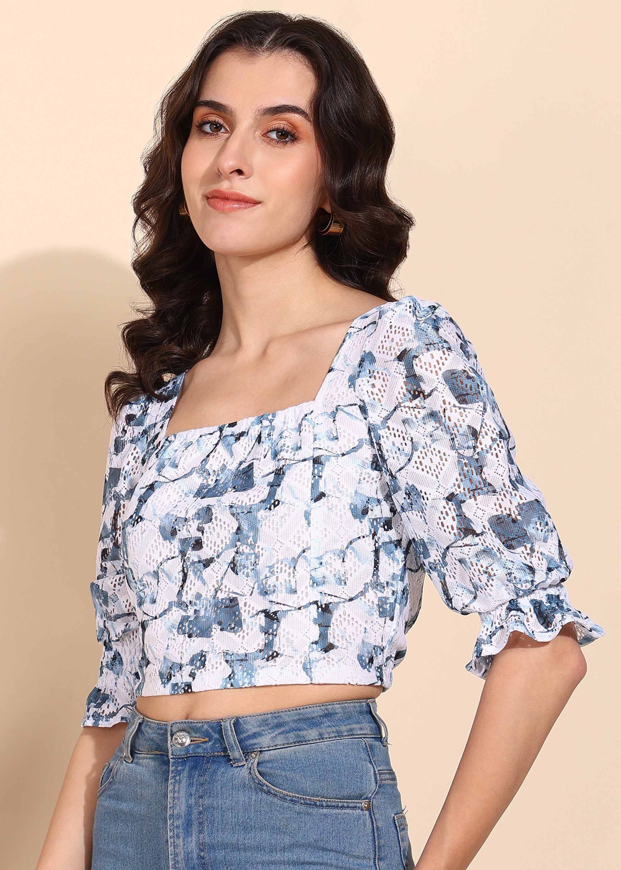 "Blue Bloom" Puff Sleeve Crop Top