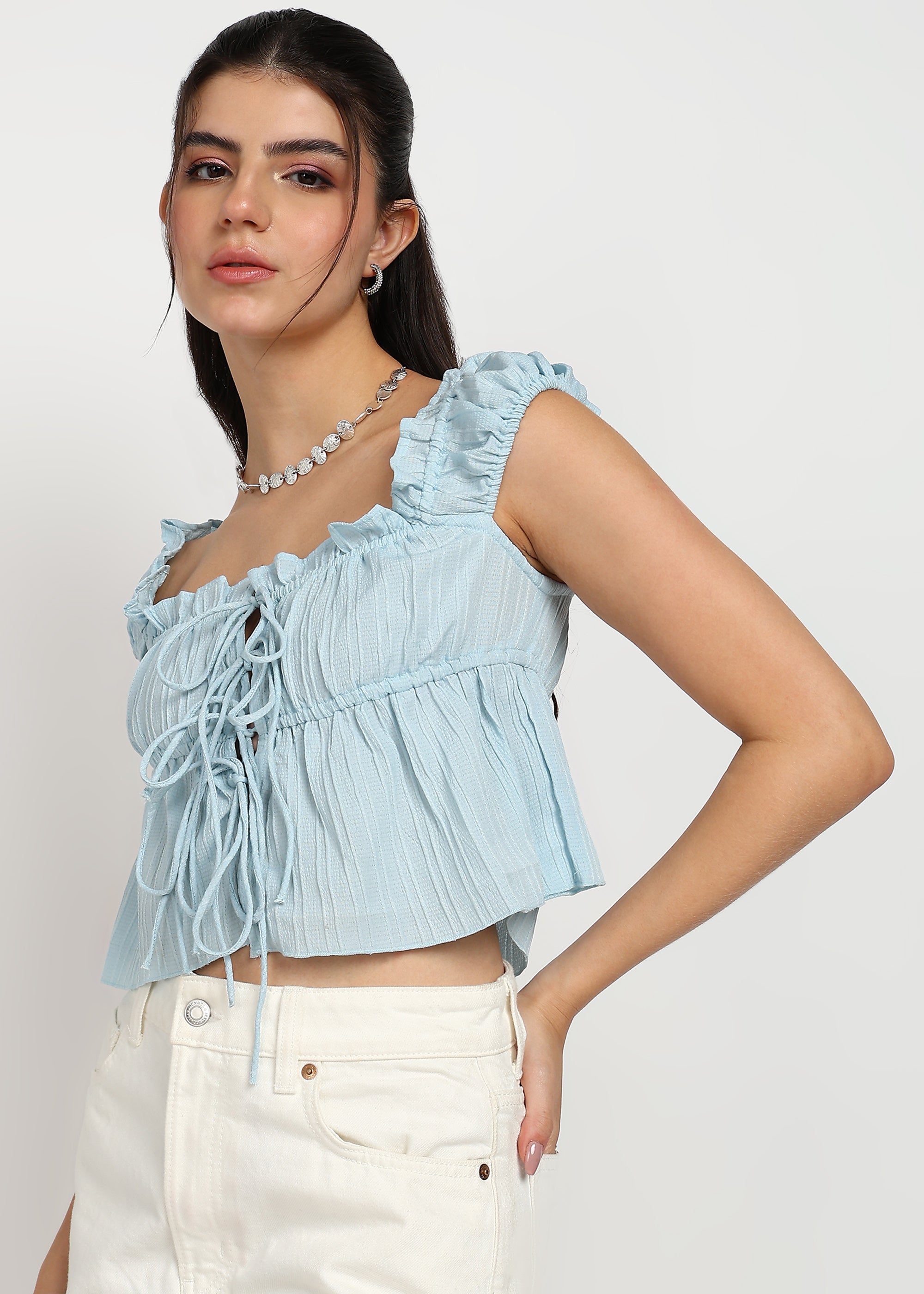 "Rosette Ruffle" Tie-Front Textured Crop Top – Sky Blue