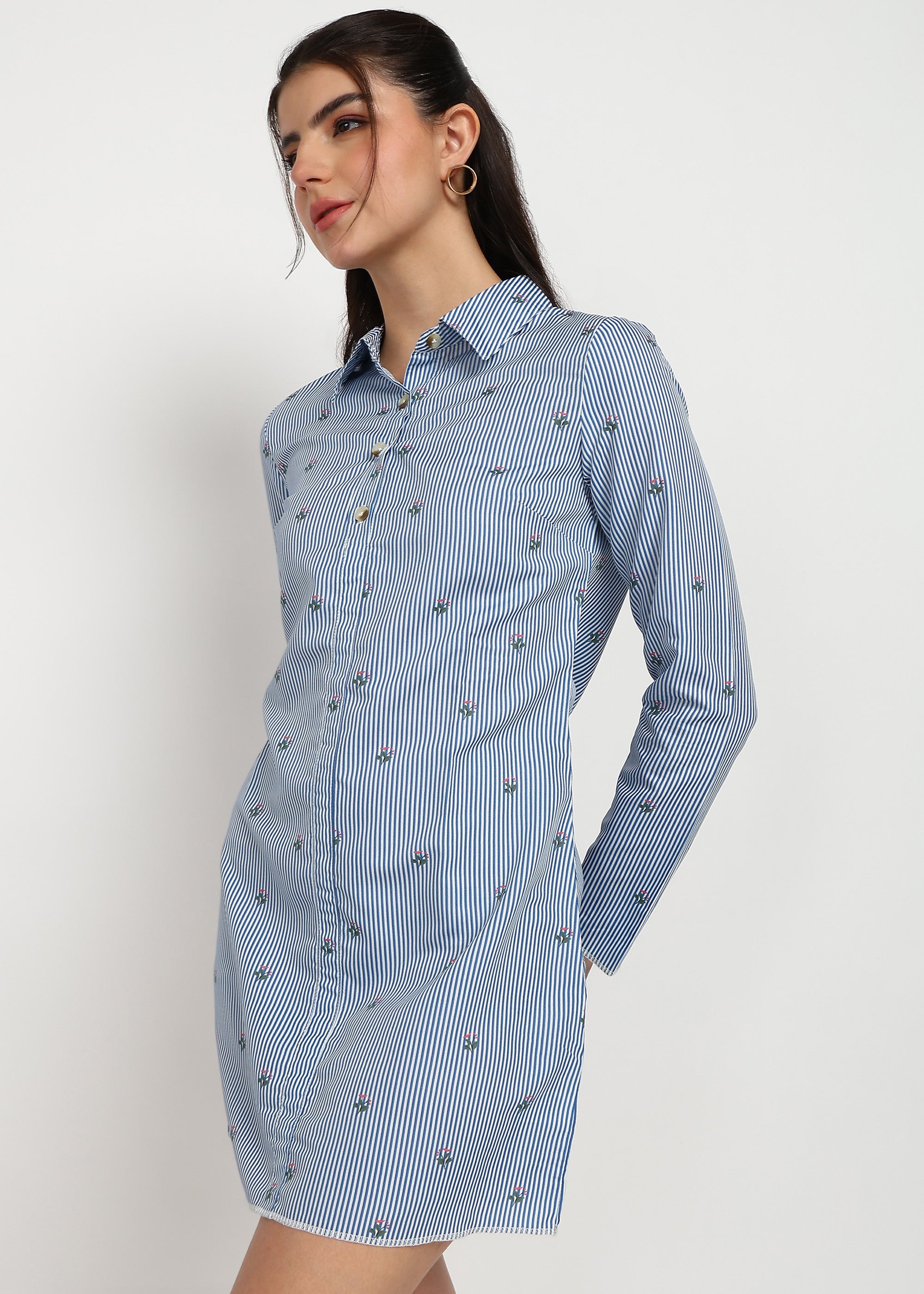 Women Blue Strip Shirt Dress
