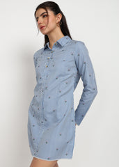 Women Blue Strip Shirt Dress