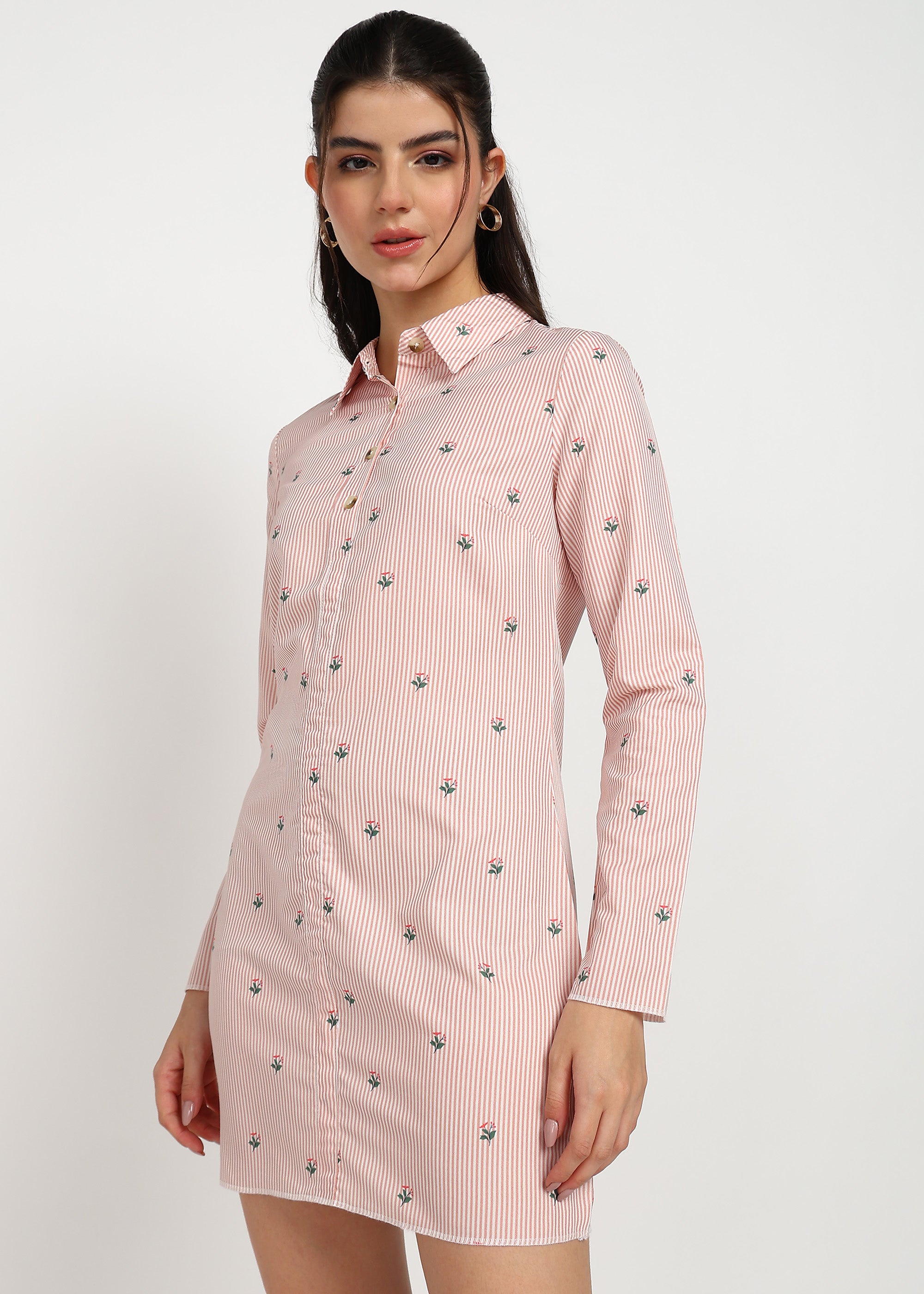 Women Peach Strip Shirt Dress