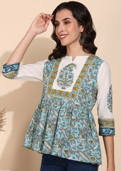 "Blue Orchard" Pure Cotton Printed Top