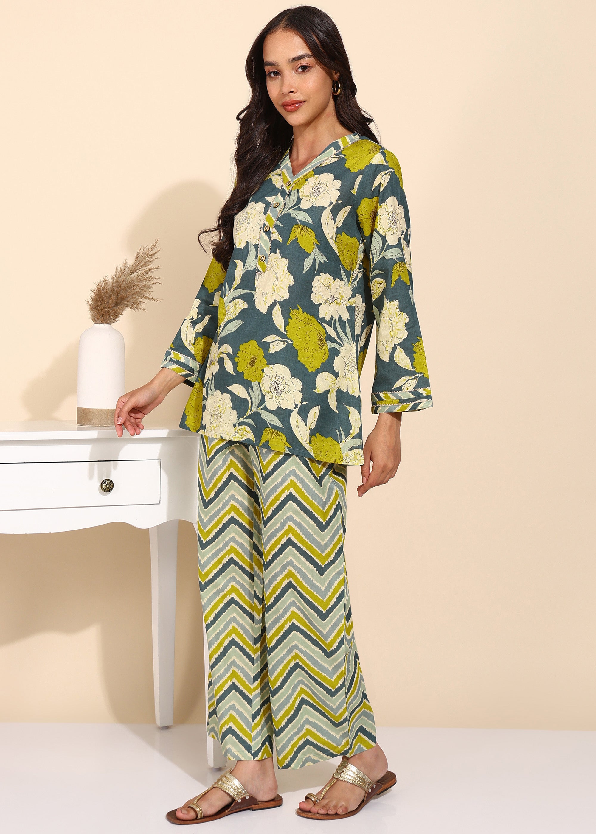 "Olive Bloom" Pure Cotton Co-ord Set