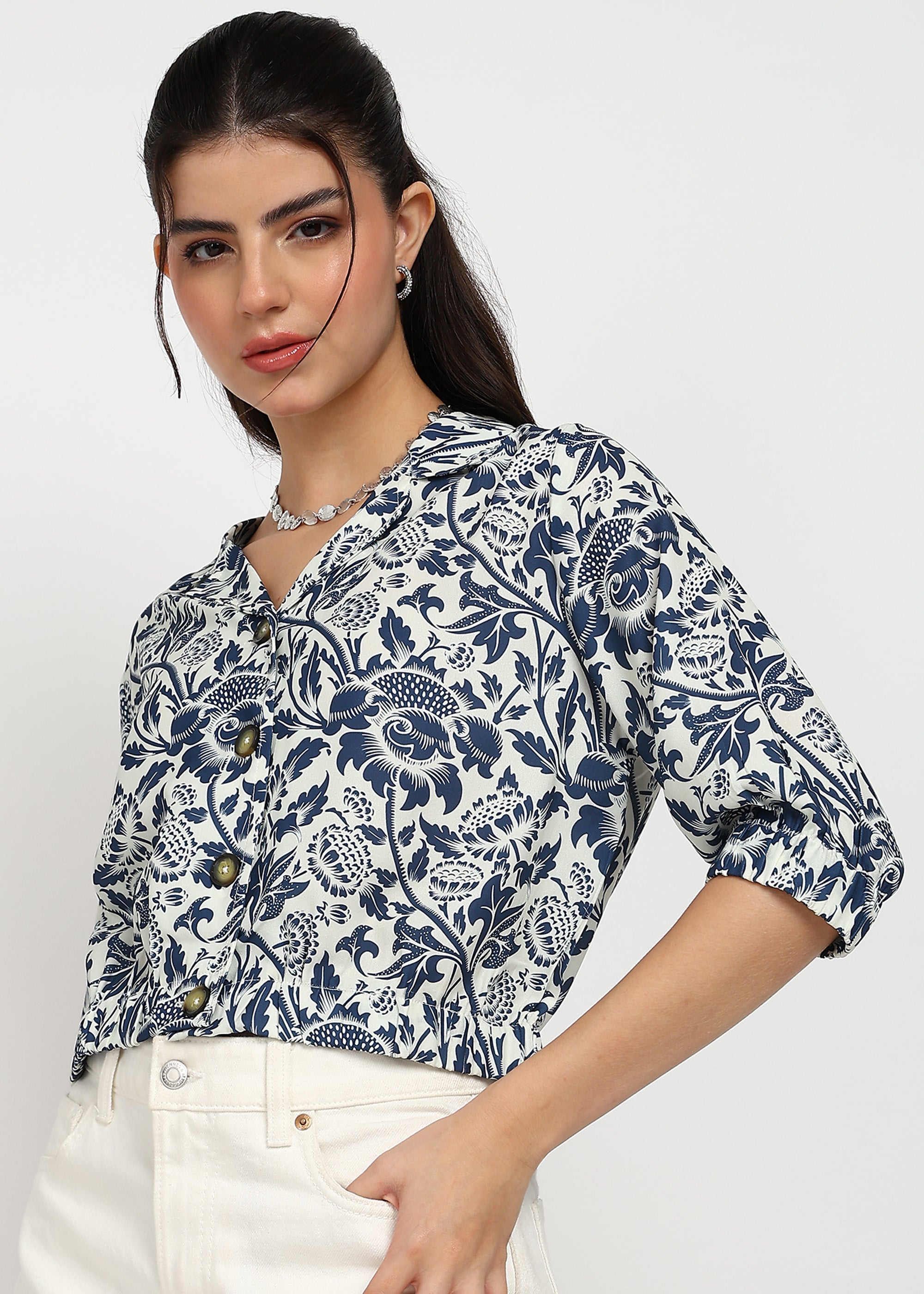 Women Navy Floral Printed Shirt