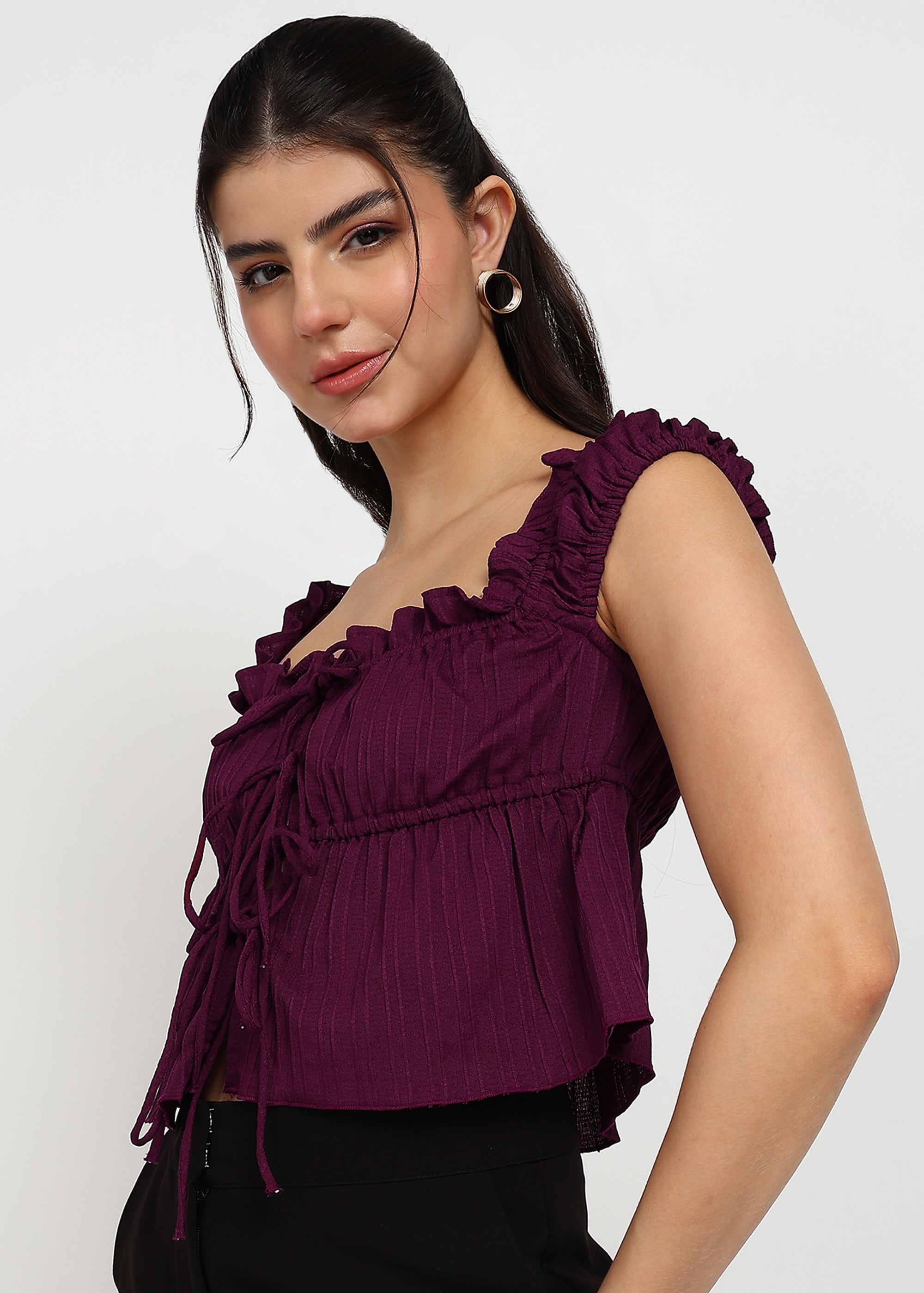 "Rosette Ruffle" Tie-Front Textured Crop Top – Wine