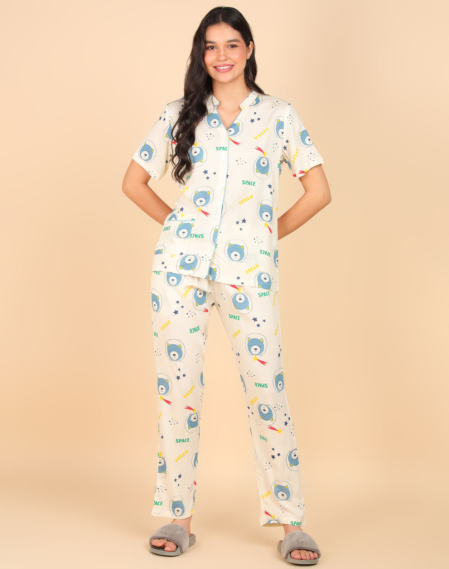 "Space Snooze" Viscose Printed Night Suit