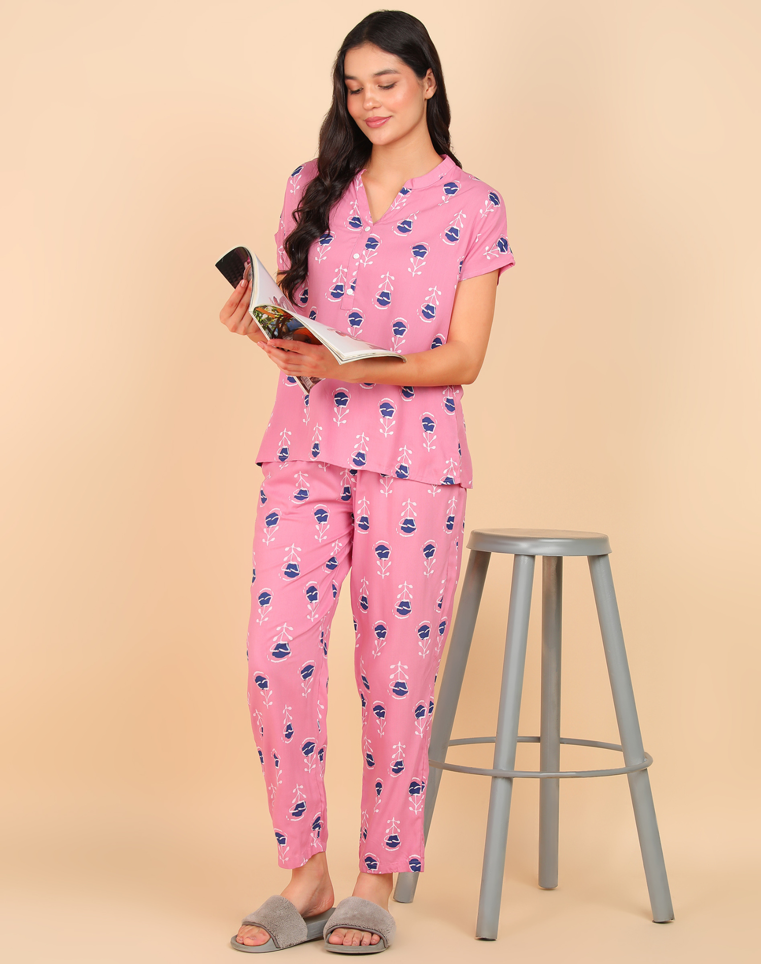 "Pink Pause" Viscose Printed Night Suit