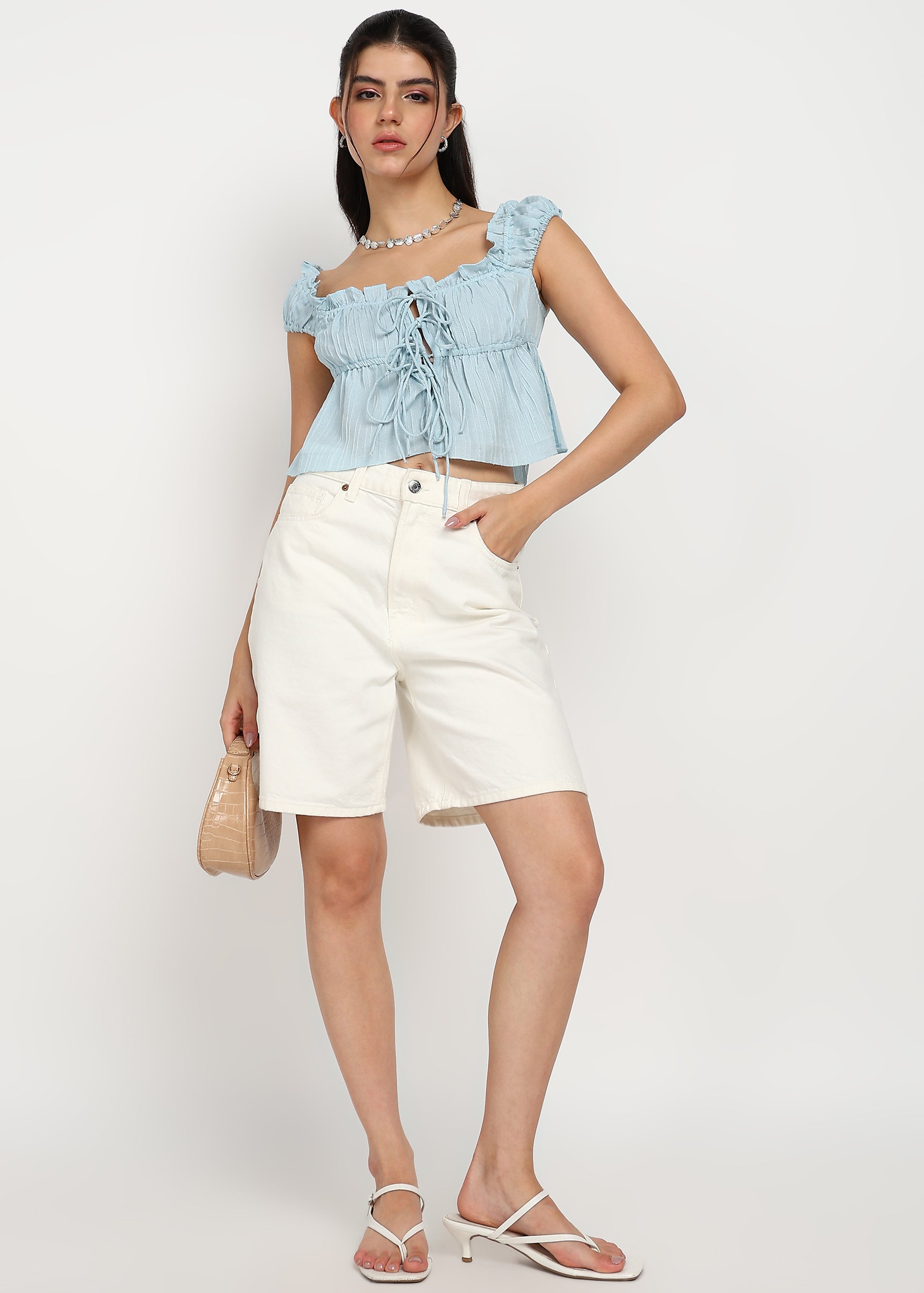 "Rosette Ruffle" Tie-Front Textured Crop Top – Sky Blue