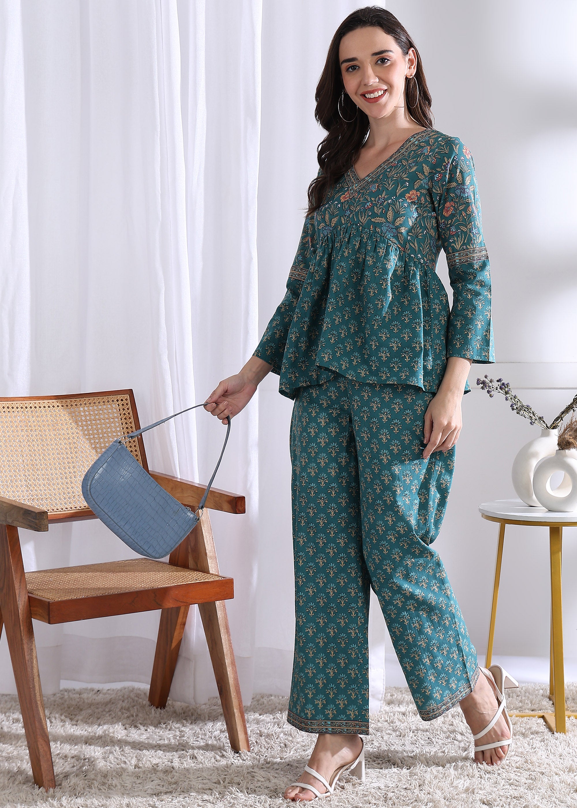 "Teal Blossom" Pure Cotton Co-ord Set