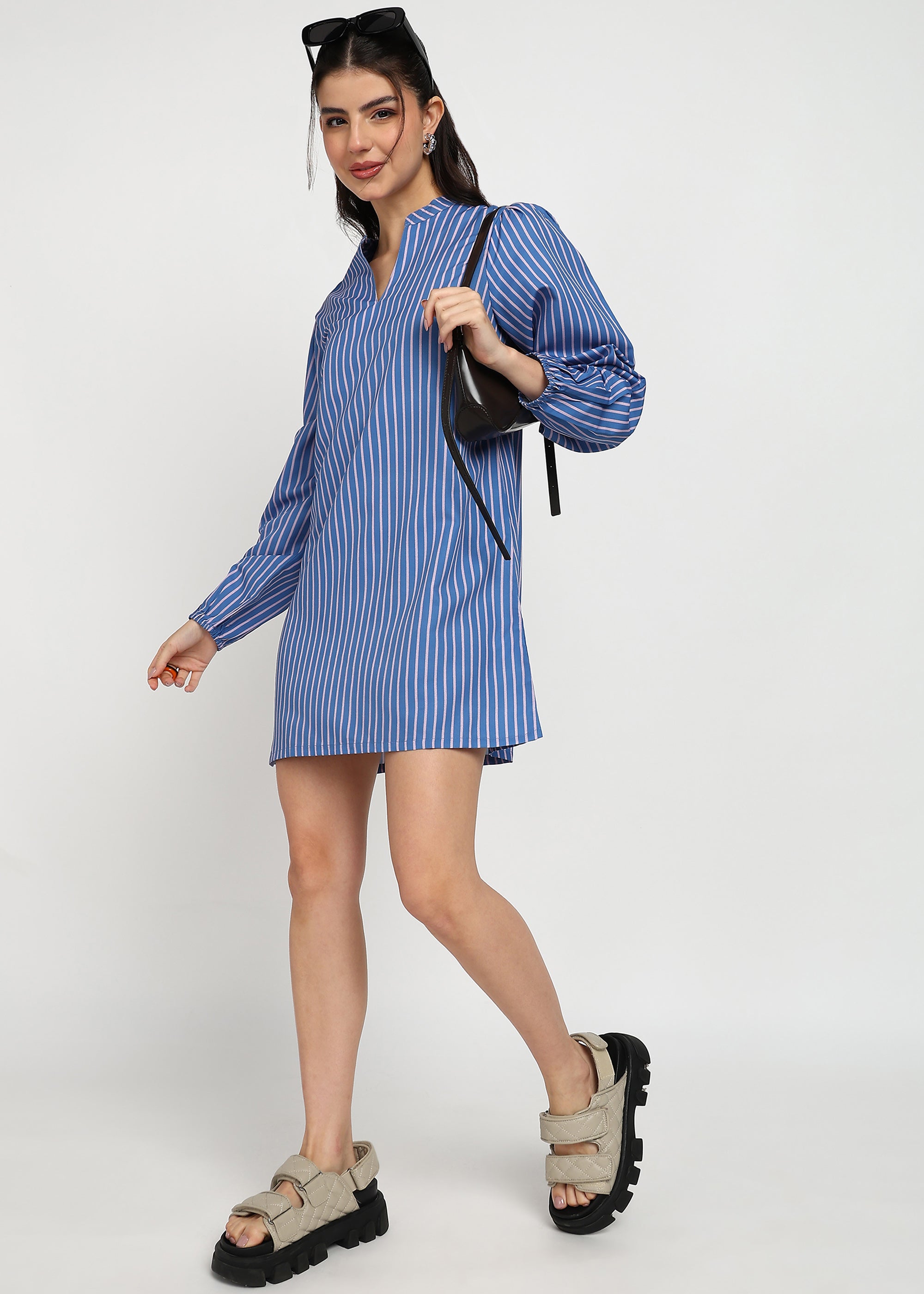 Women Blue Strip A-line Dress