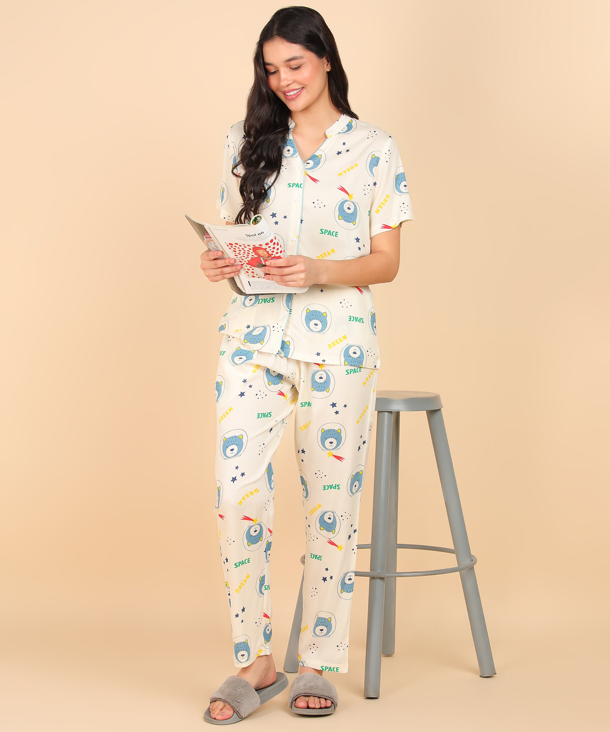 "Space Snooze" Viscose Printed Night Suit