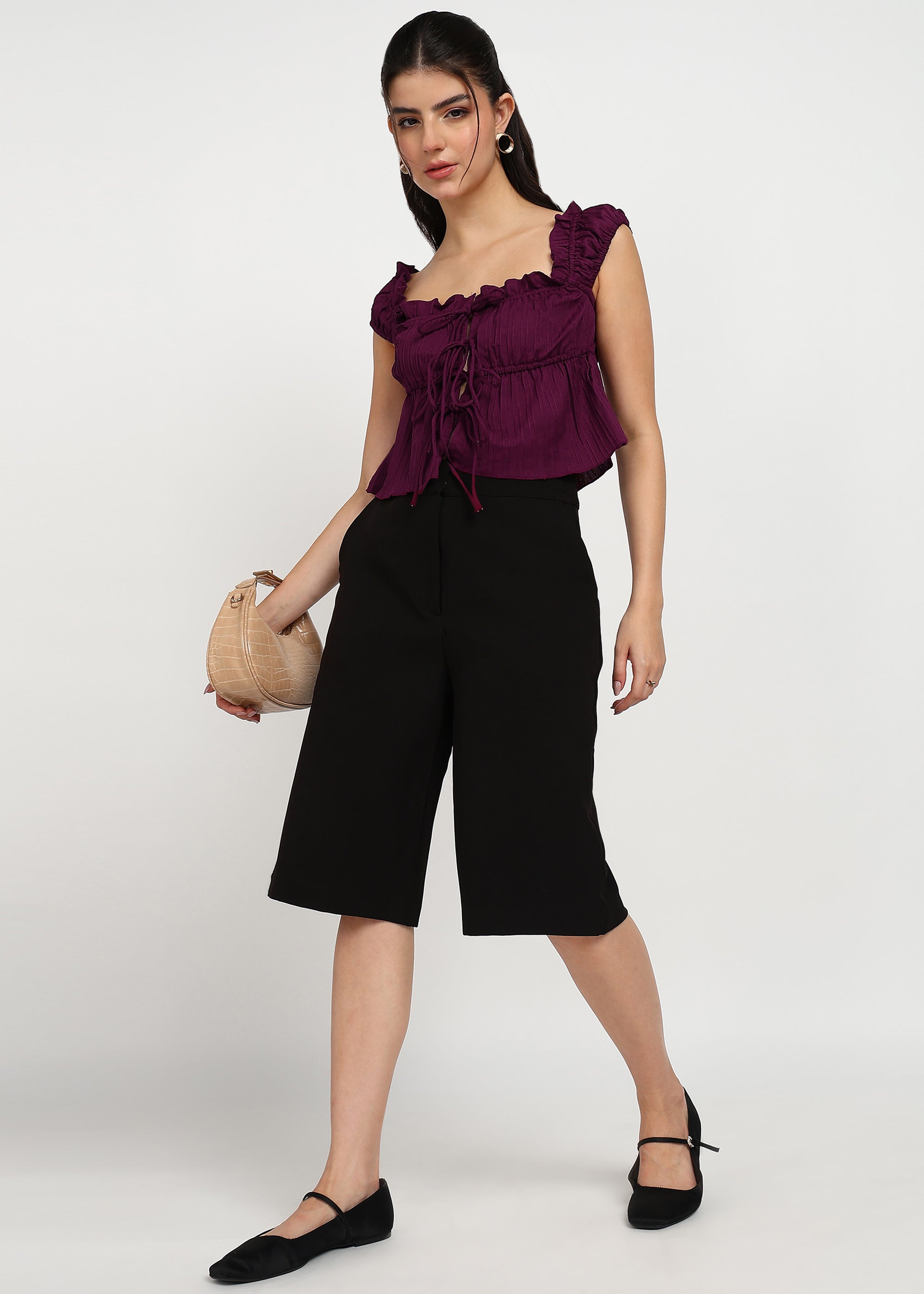 "Rosette Ruffle" Tie-Front Textured Crop Top – Wine