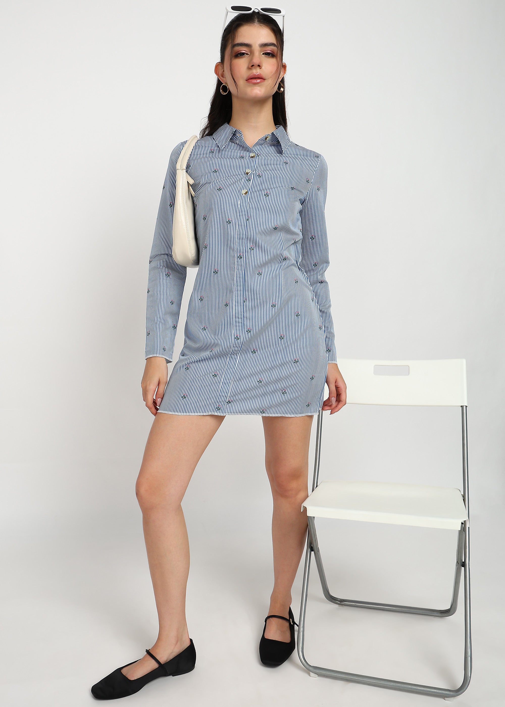 Women Blue Strip Shirt Dress