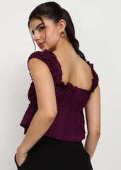 "Rosette Ruffle" Tie-Front Textured Crop Top – Wine