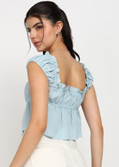 "Rosette Ruffle" Tie-Front Textured Crop Top – Sky Blue