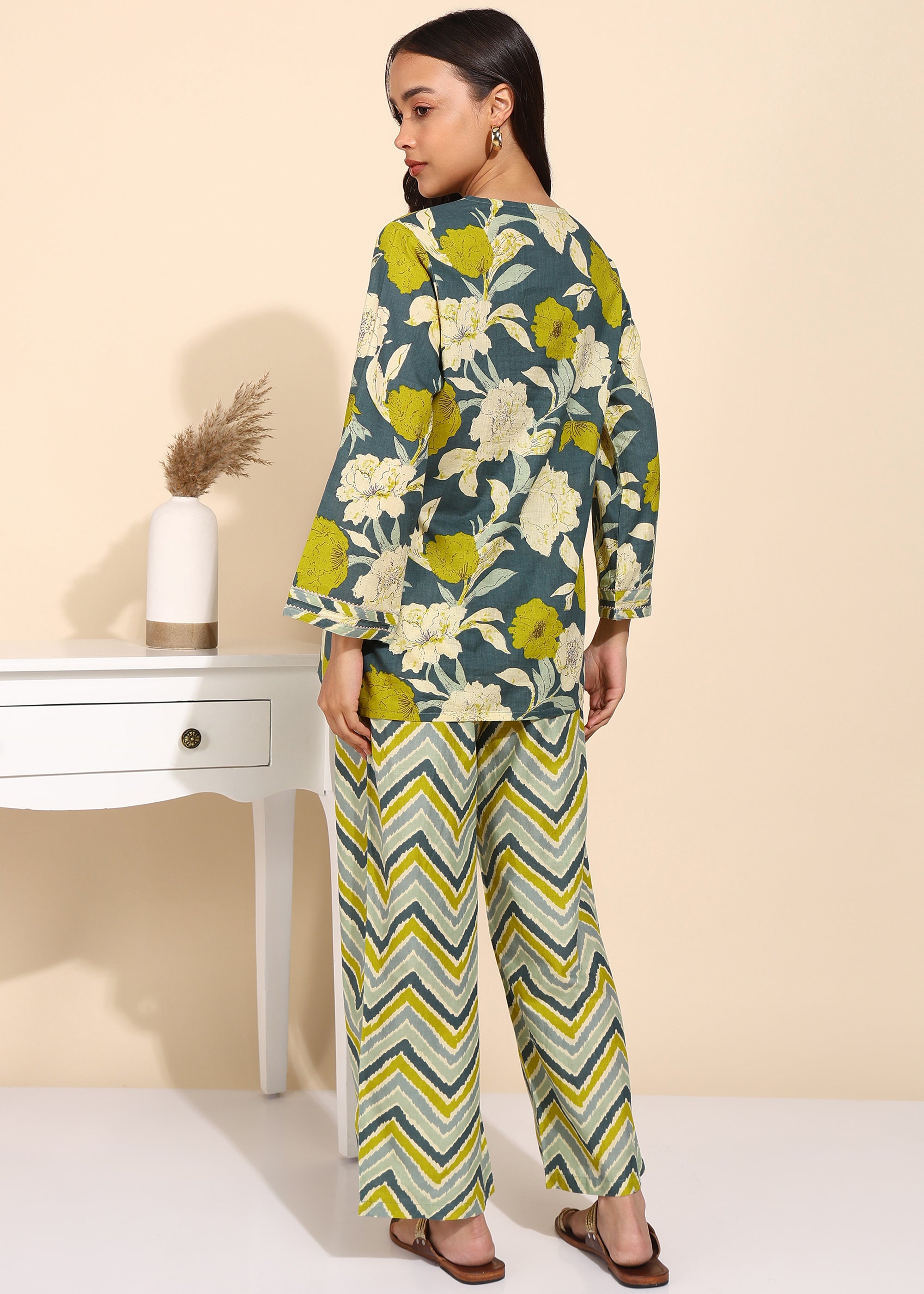 "Olive Bloom" Pure Cotton Co-ord Set