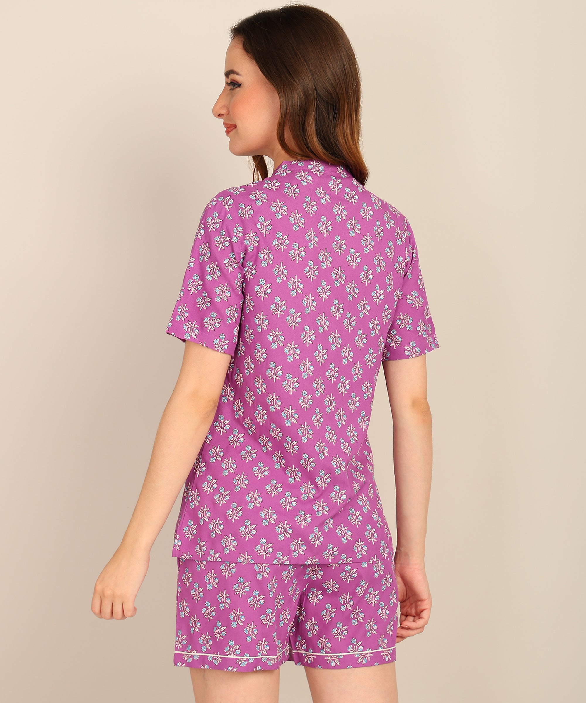 Half Sleeves Shirt & Short Set In Purple Color - Viscose