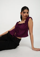 "Rosette Ruffle" Tie-Front Textured Crop Top – Wine