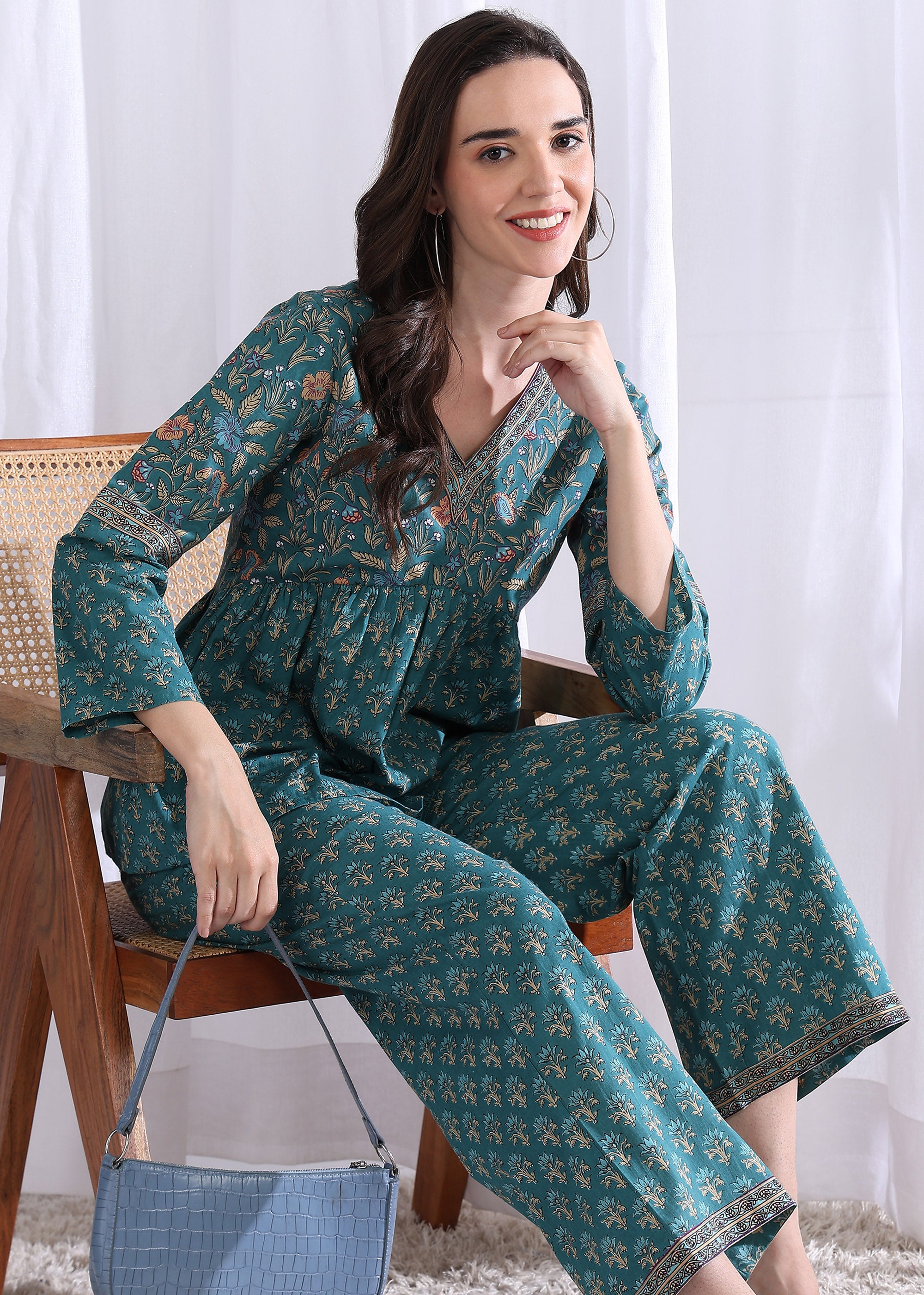 "Teal Blossom" Pure Cotton Co-ord Set