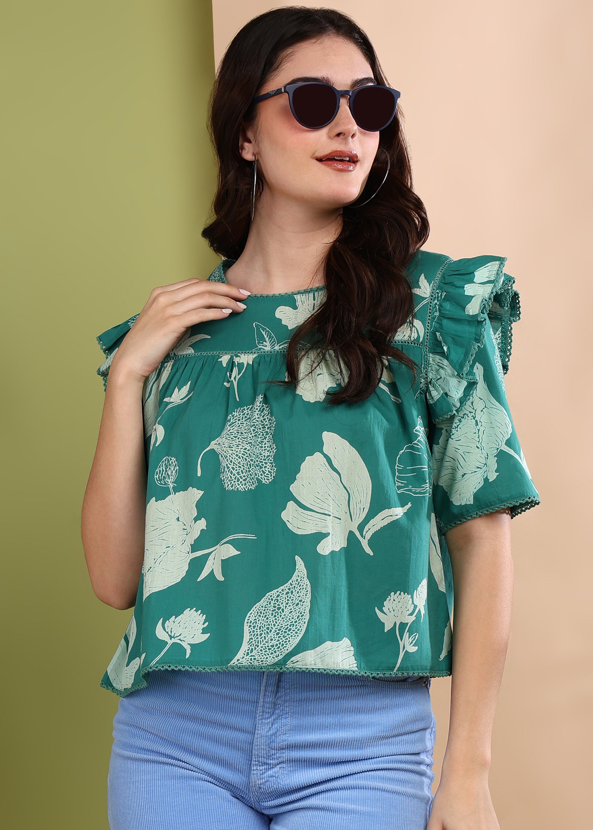 "Botanic Breeze" Pure Cotton Ruffle Top
