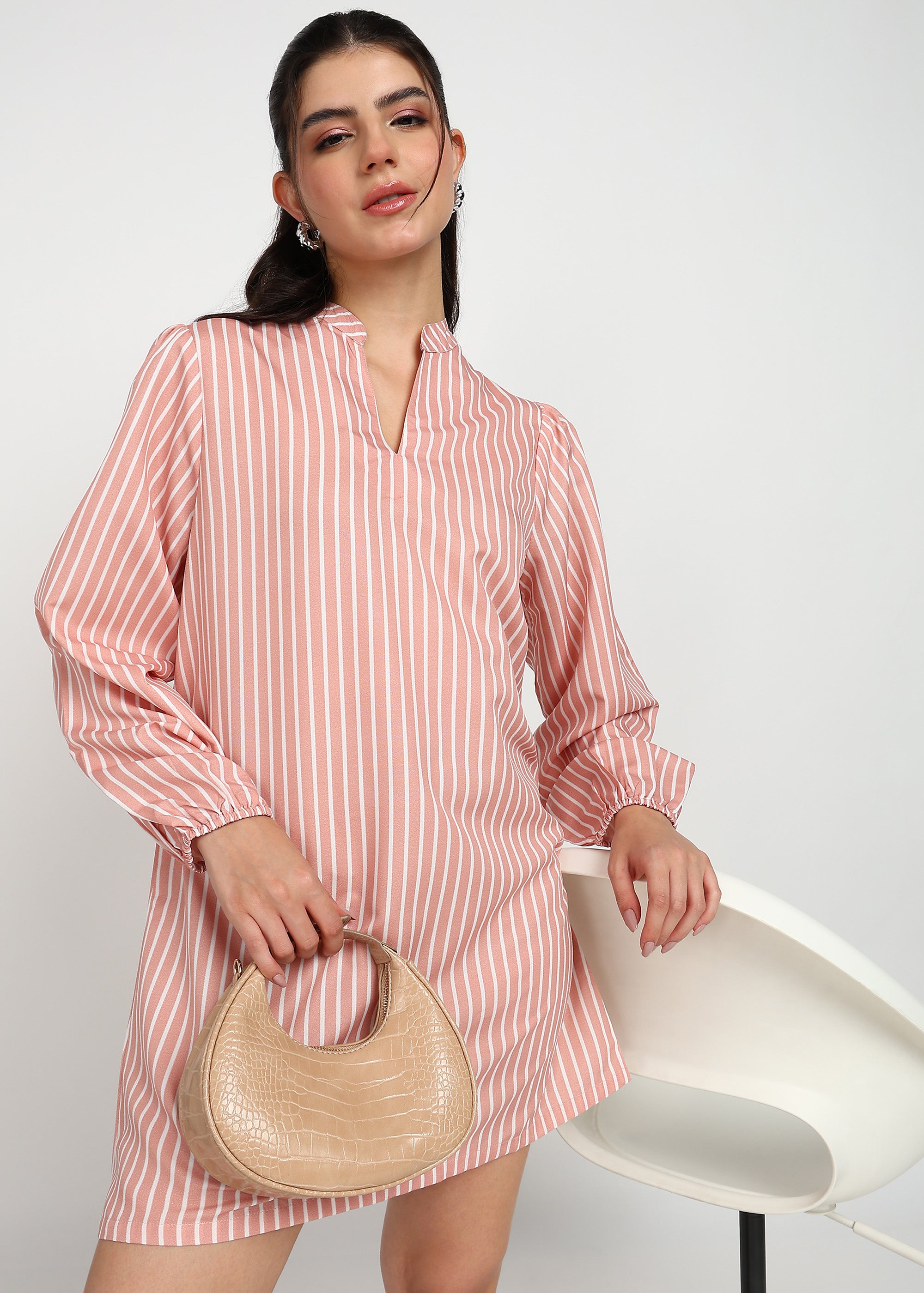 Women Peach Strip A-line Dress