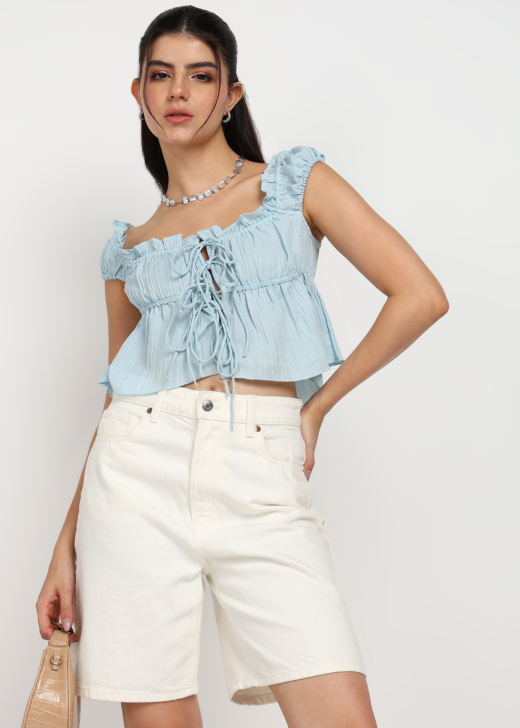 "Rosette Ruffle" Tie-Front Textured Crop Top – Sky Blue