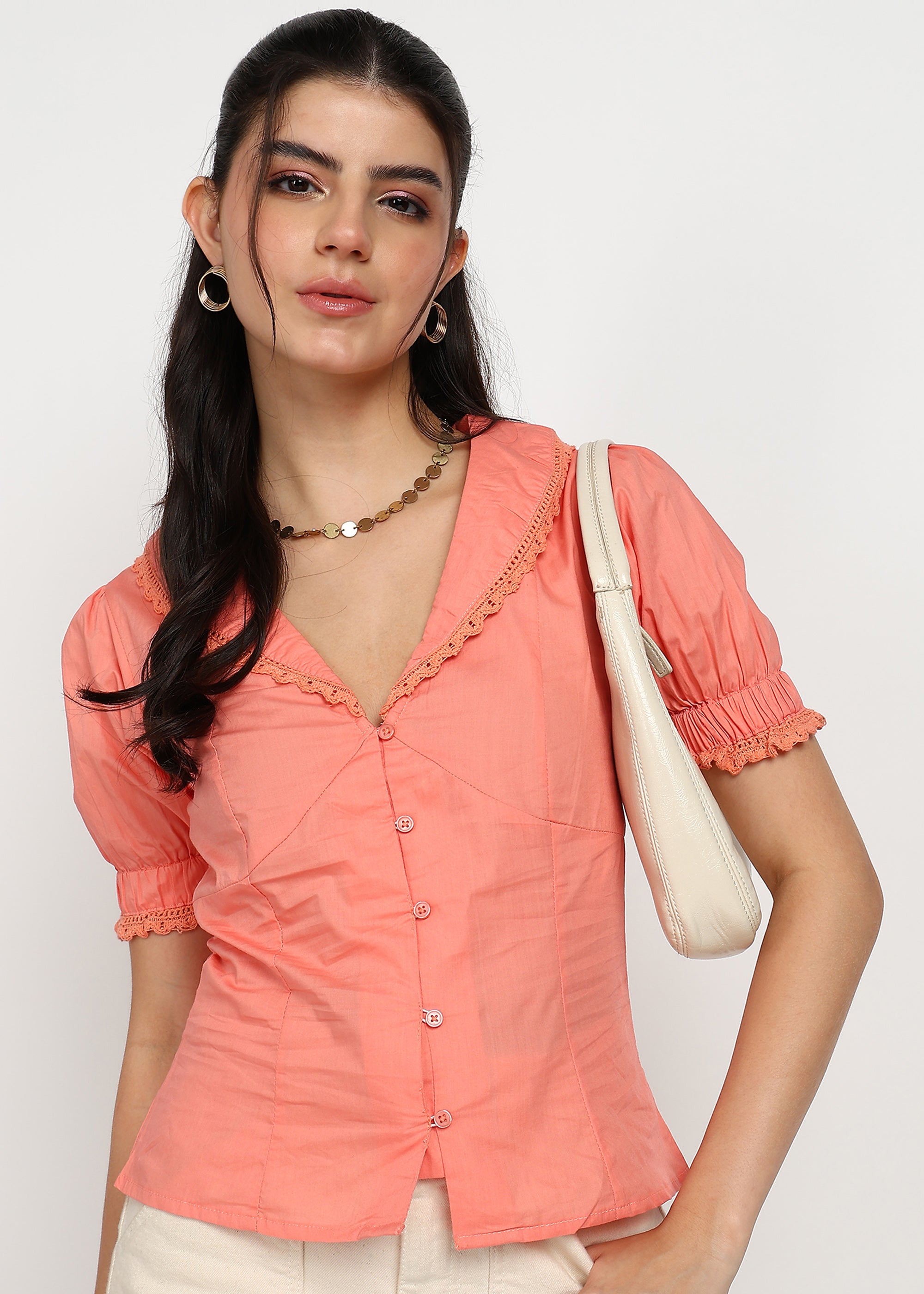Women Coral Solid Top