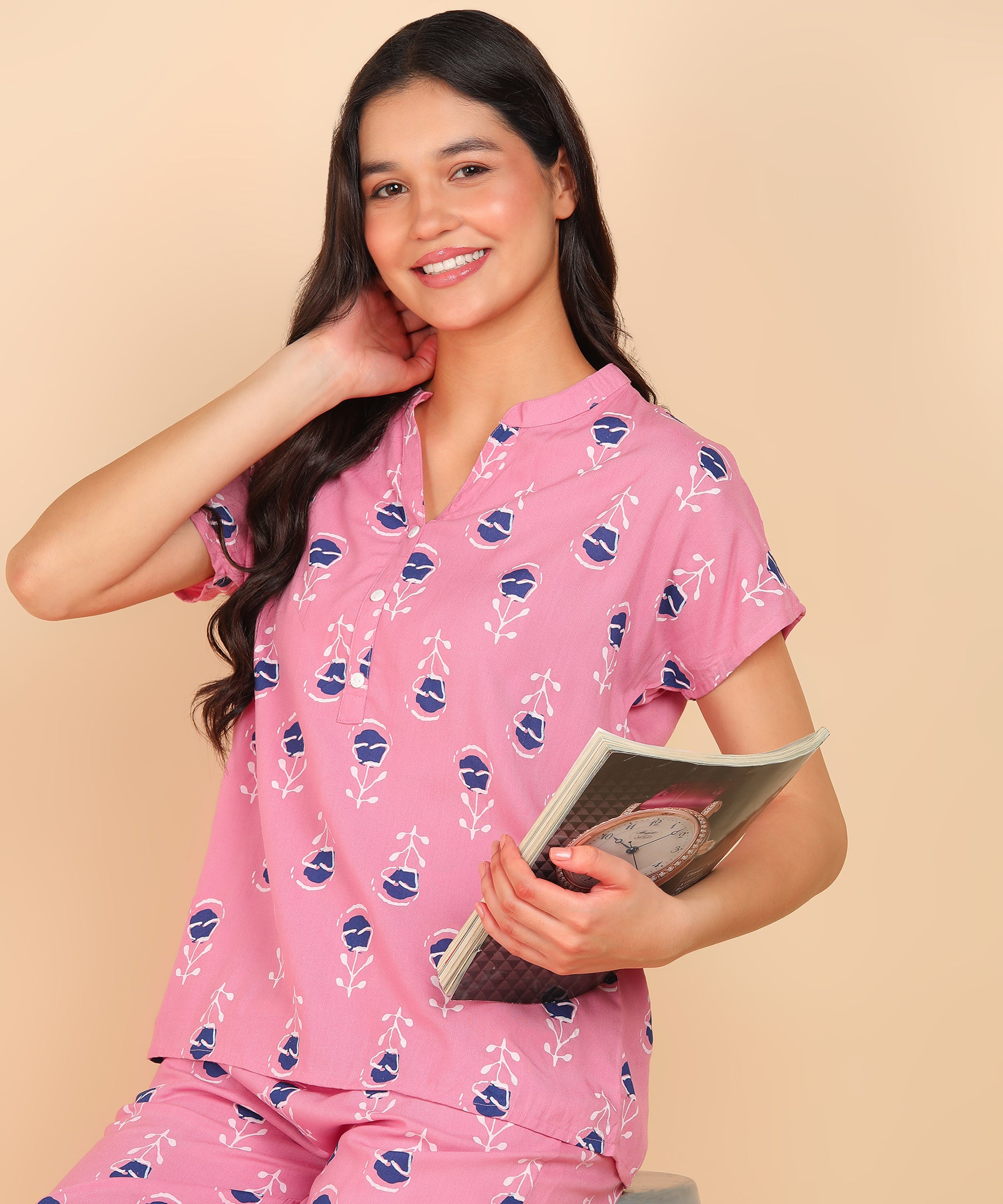 "Pink Pause" Viscose Printed Night Suit