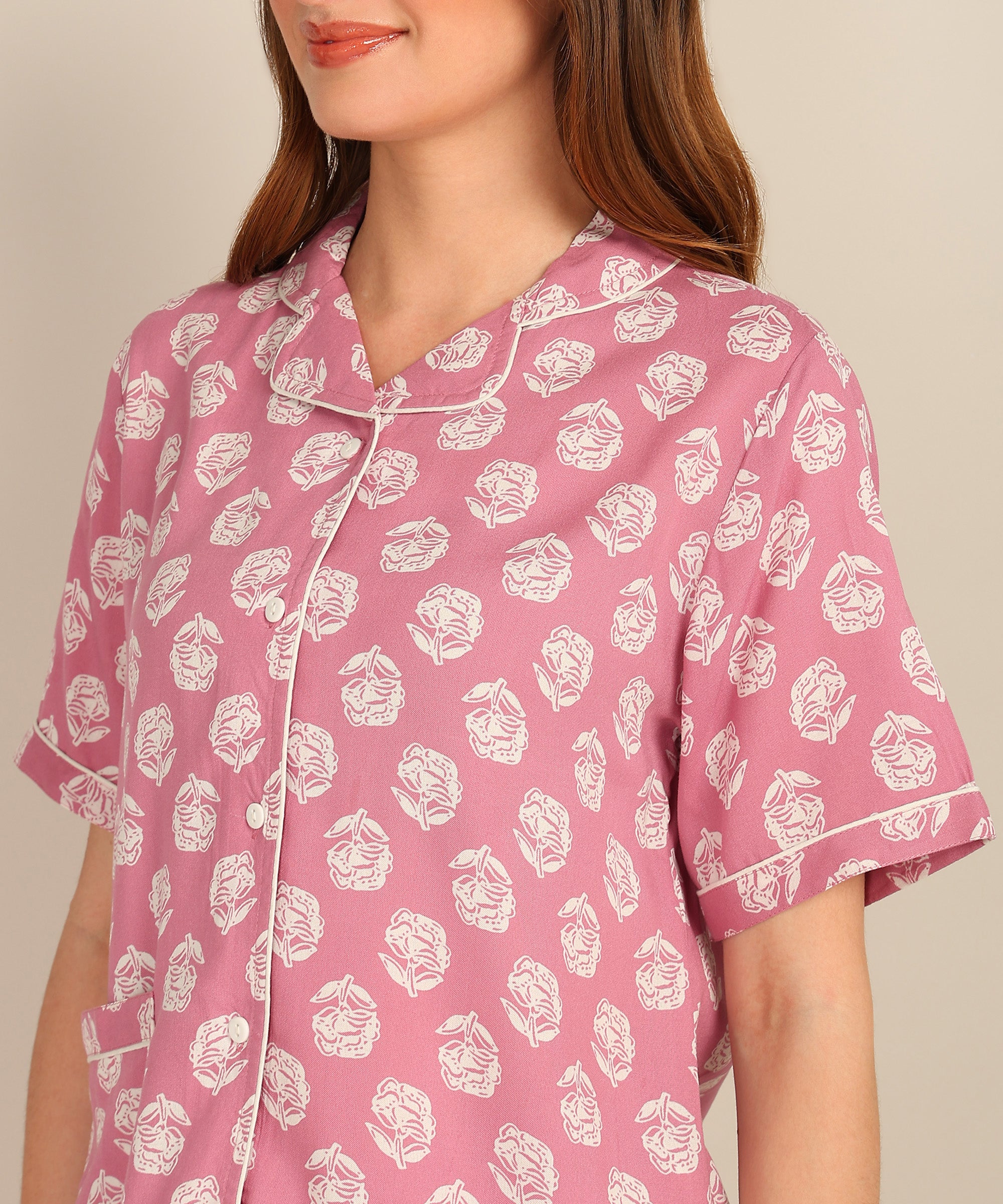 Half Sleeves Shirt & Short Set In Pink Color - Viscose