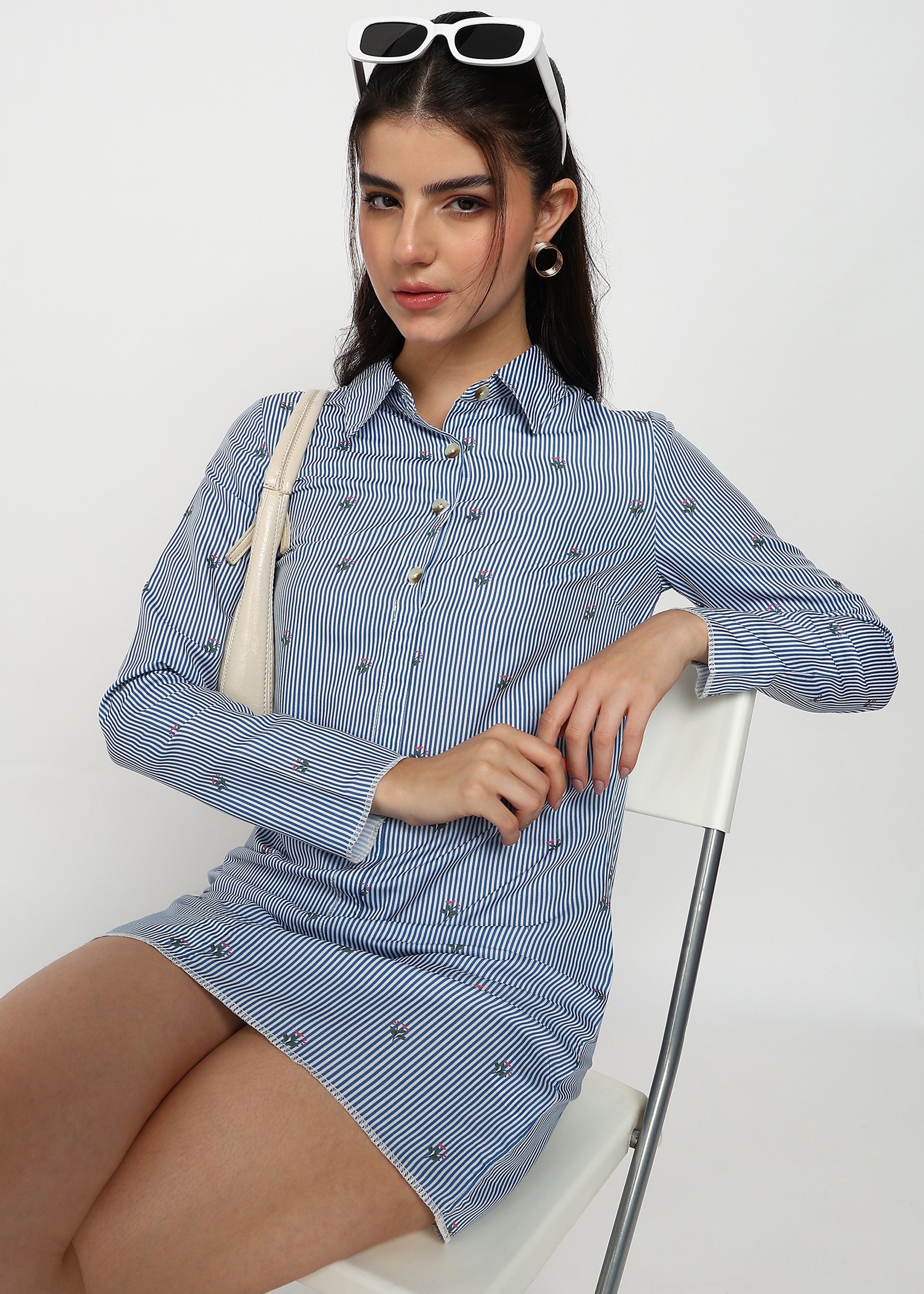 Women Blue Strip Shirt Dress