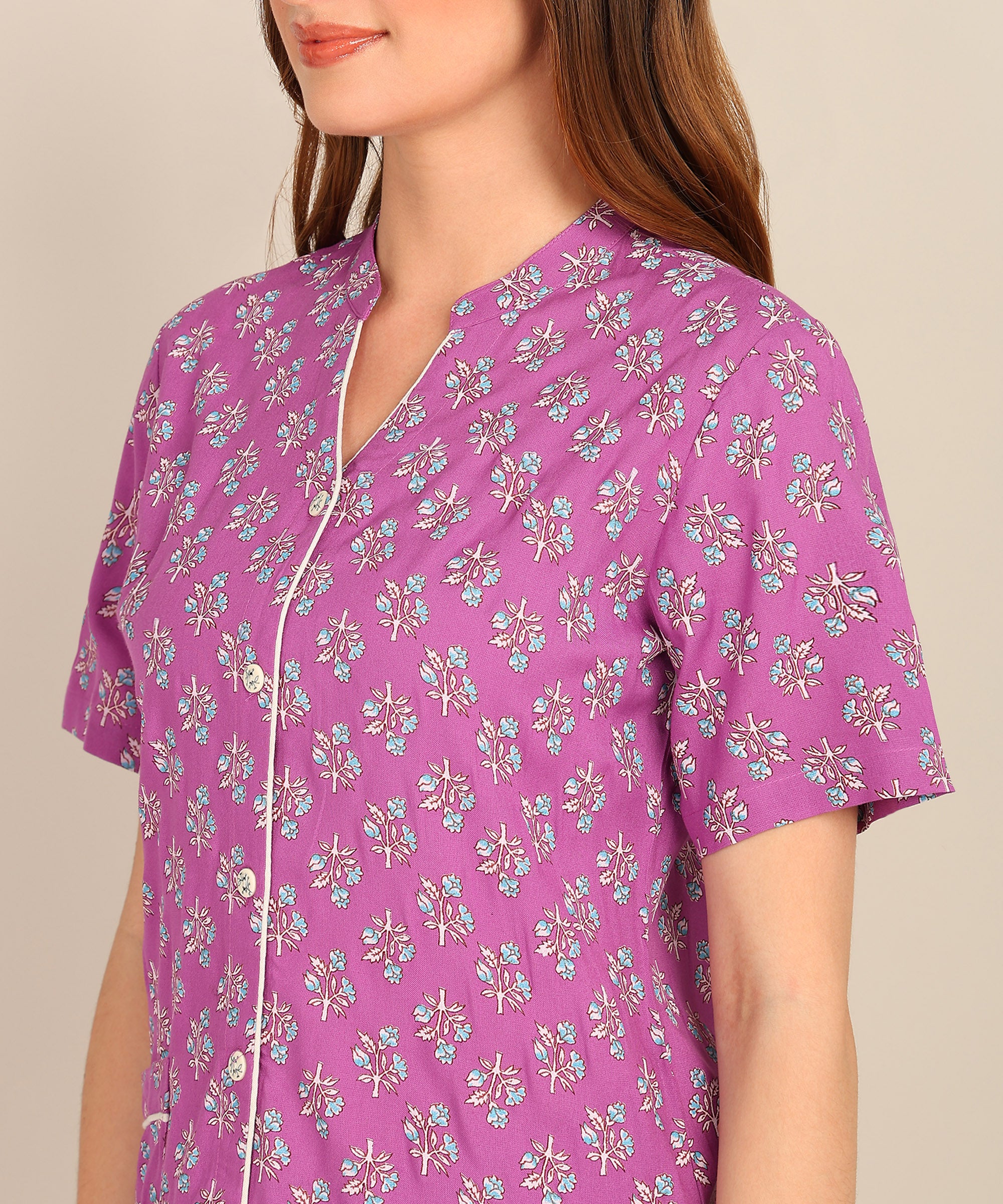 Half Sleeves Shirt & Short Set In Purple Color - Viscose
