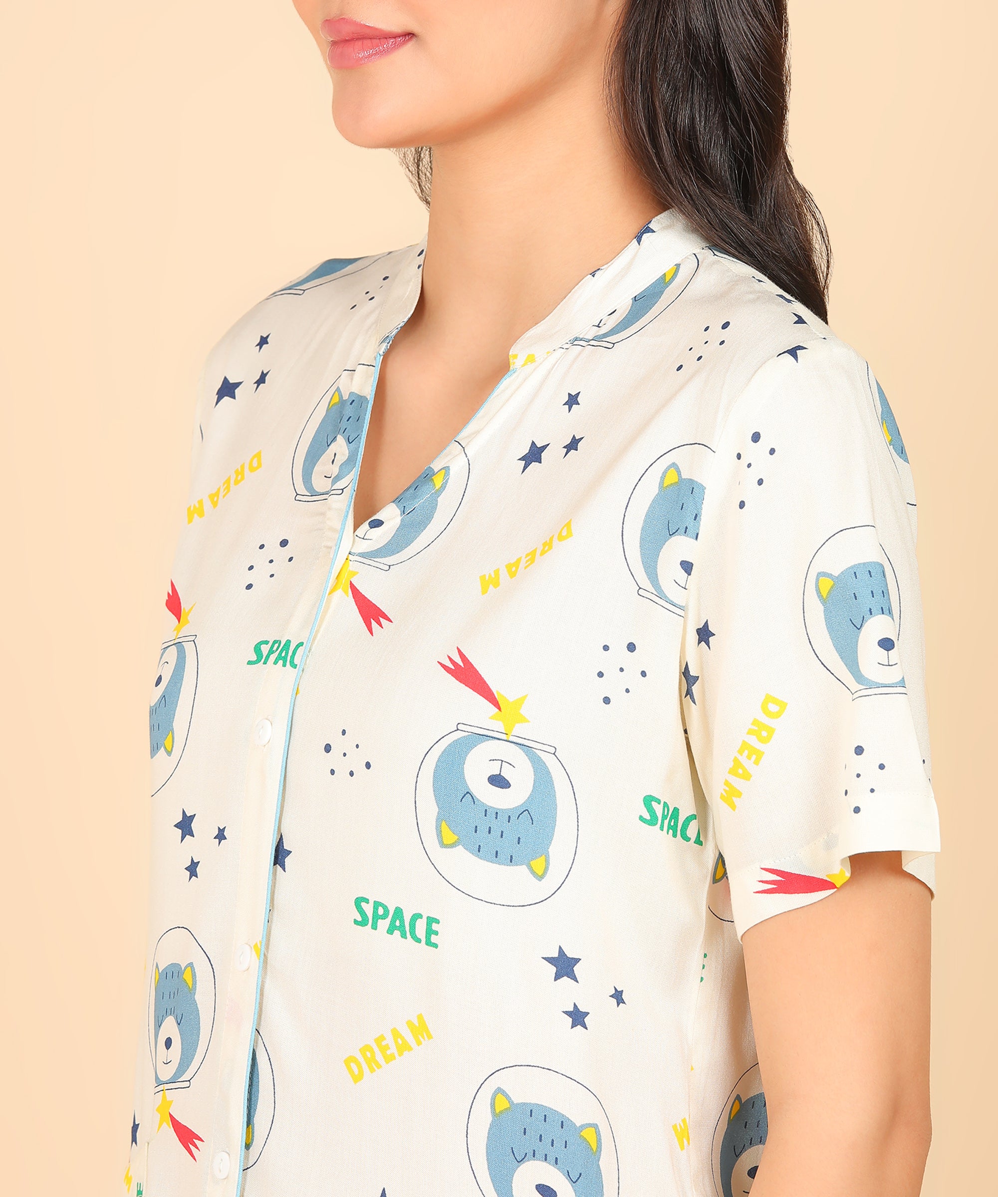 "Space Snooze" Viscose Printed Night Suit